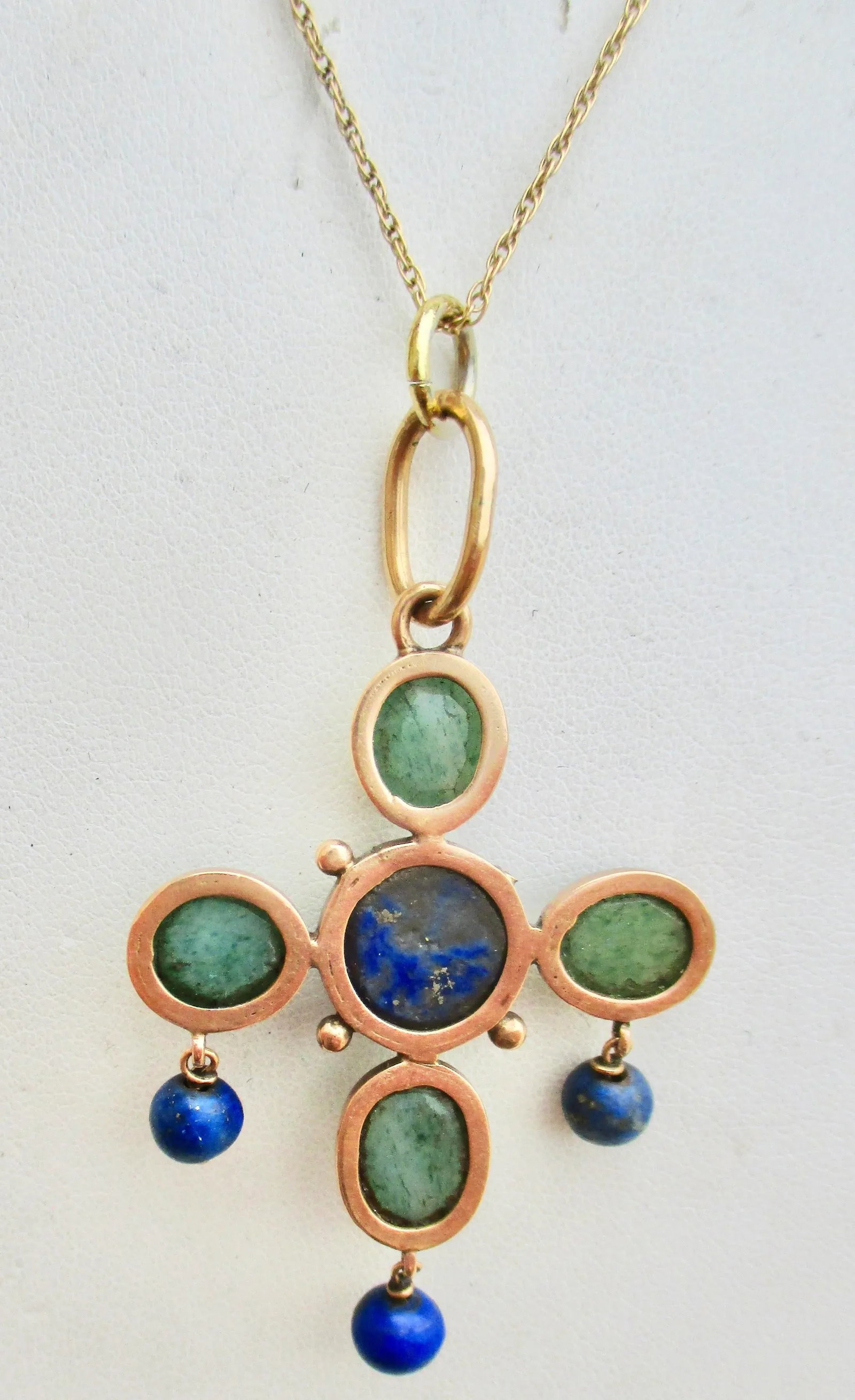 Antique 14 Kt Gold Necklace and Lapis and Agate Pendant - 5