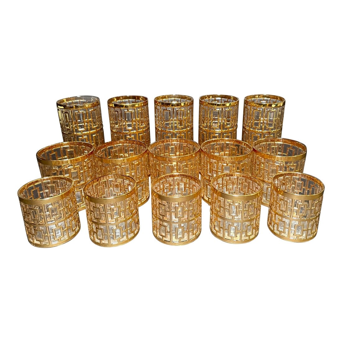 1960s Imperial Glass Co. "Shoji Trellis" Gilt Tumblers- 15 Pieces: An exceptional set of fifteen mid-century tumblers by Imperial Glass Co., in the sought-after Shoji Trellis pattern. Each glass is decorated with an intricate 22-karat gold overlay in a bold