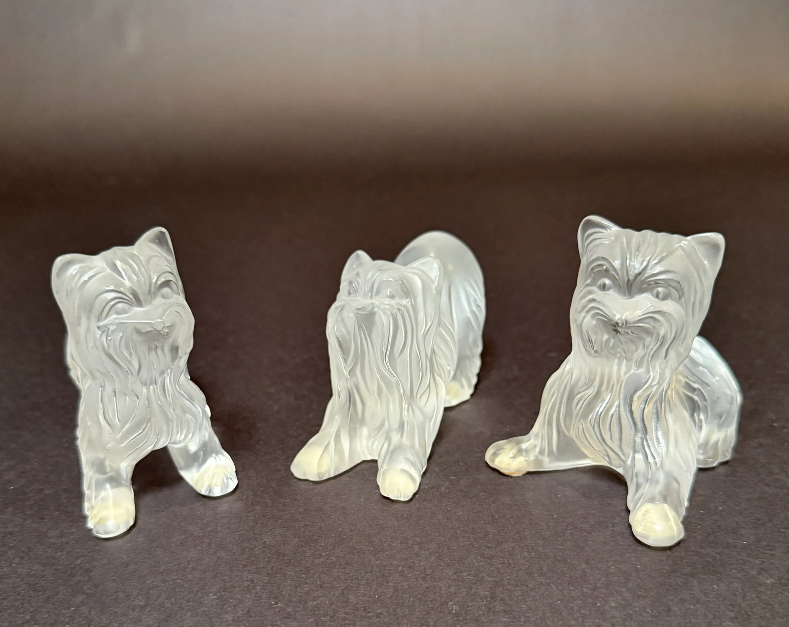 Set of Three Signed Lalique France Frosted Glass Yorkshire Terrier Figurines - 2