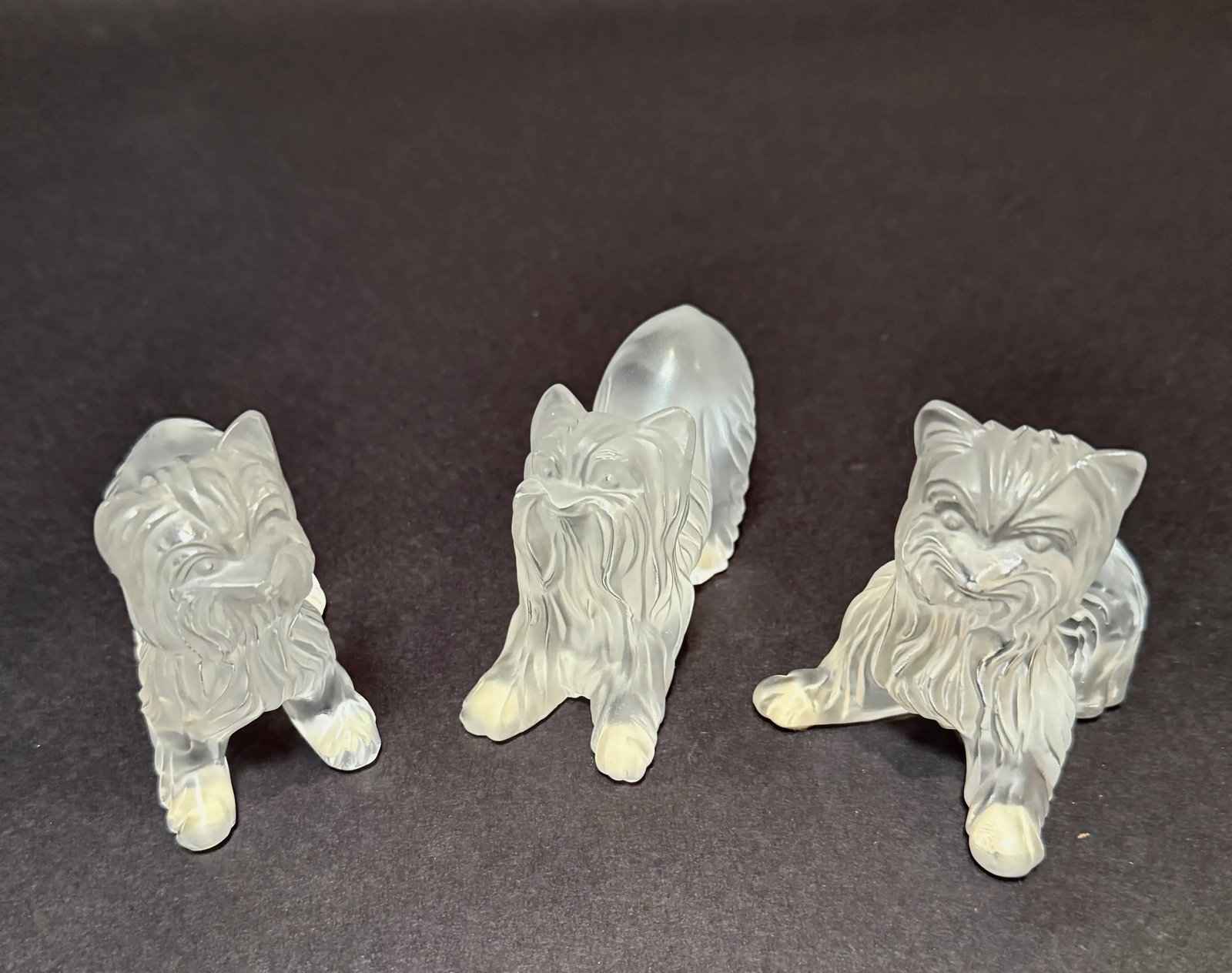 Set of Three Signed Lalique France Frosted Glass Yorkshire Terrier Figurines - 3