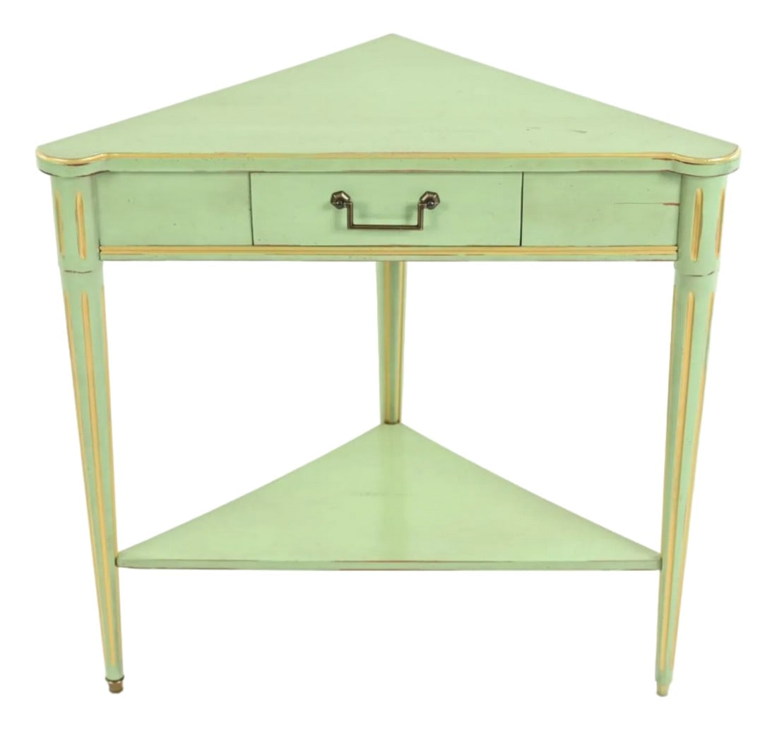 Grange France French Provicincial Seafoam Green Triangular End Table With Drawer, 2000s. (1 of 6)