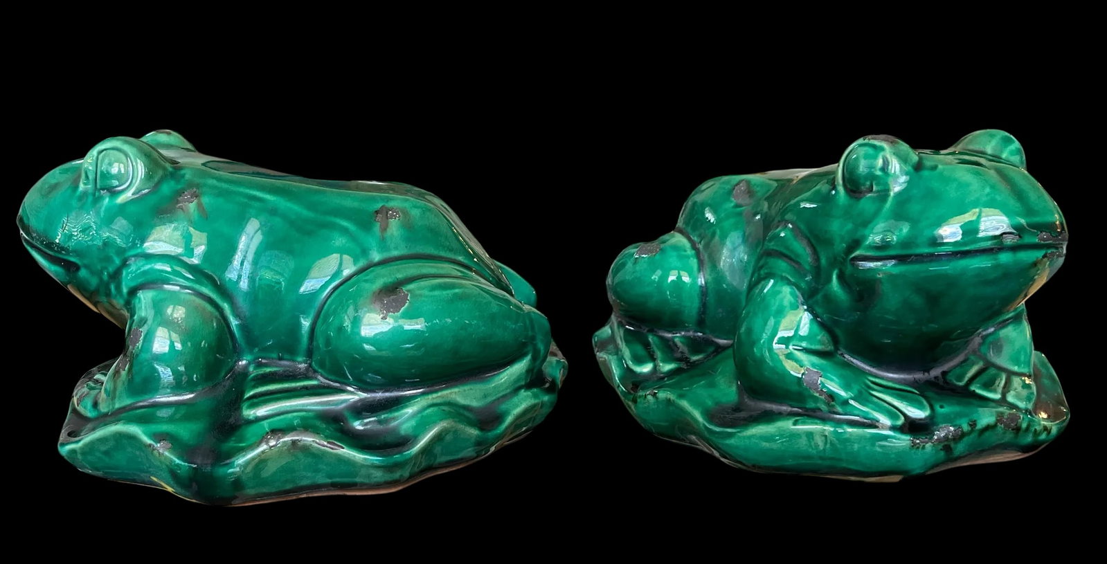 Vintage Glazed Green Ceramic Frogs on Lily Pad Bases Figural Statues - A Pair - 4