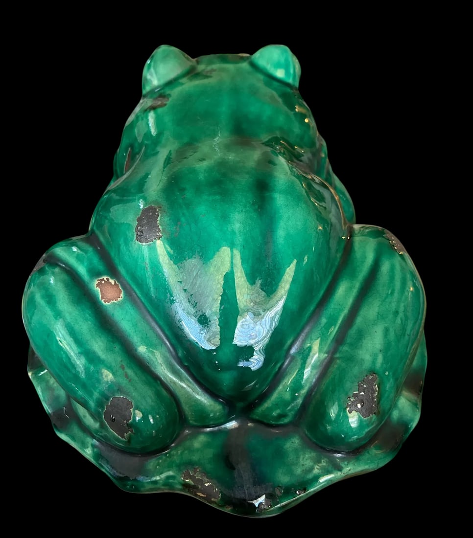 Vintage Glazed Green Ceramic Frogs on Lily Pad Bases Figural Statues - A Pair - 5