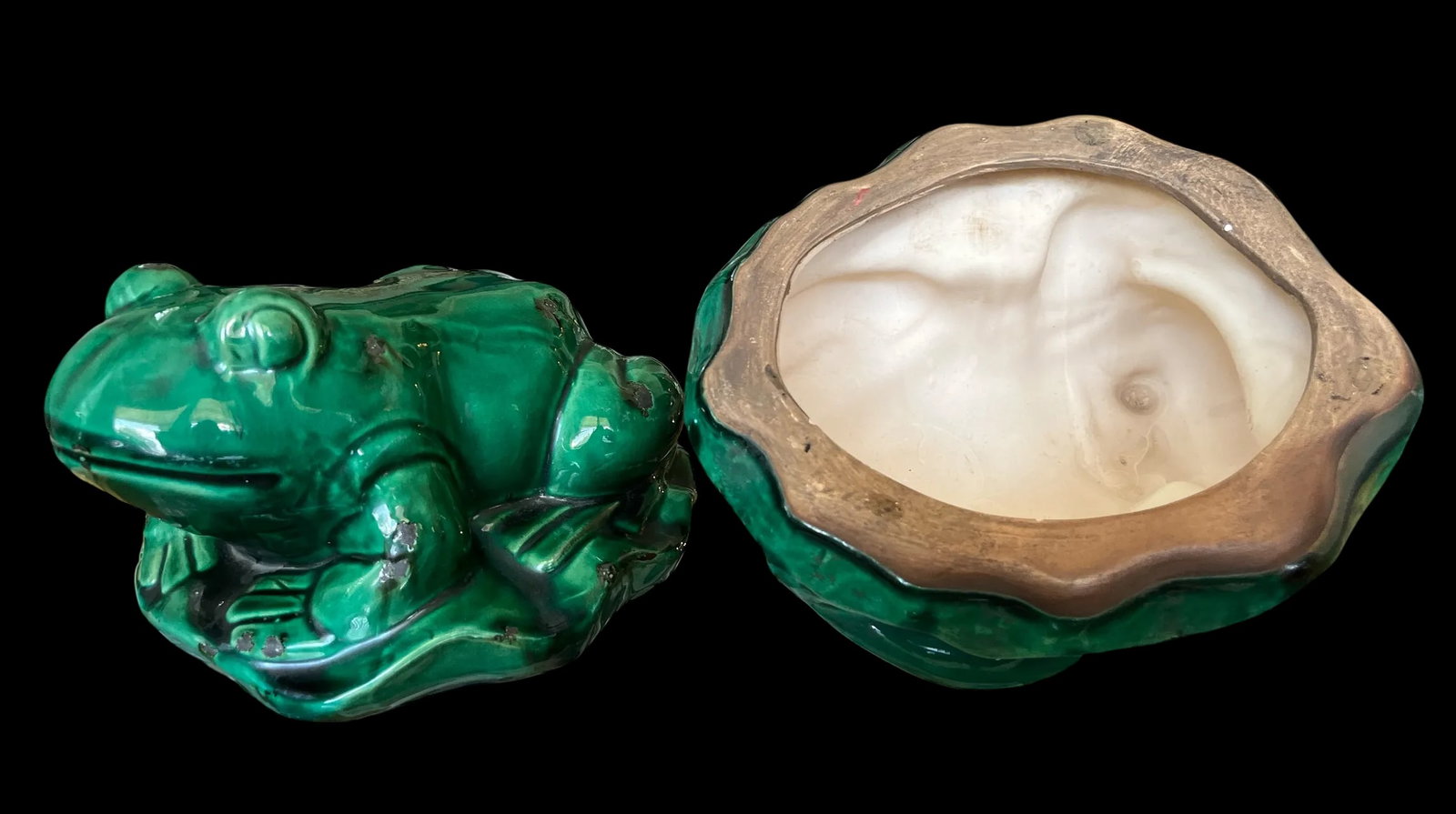 Vintage Glazed Green Ceramic Frogs on Lily Pad Bases Figural Statues - A Pair - 6
