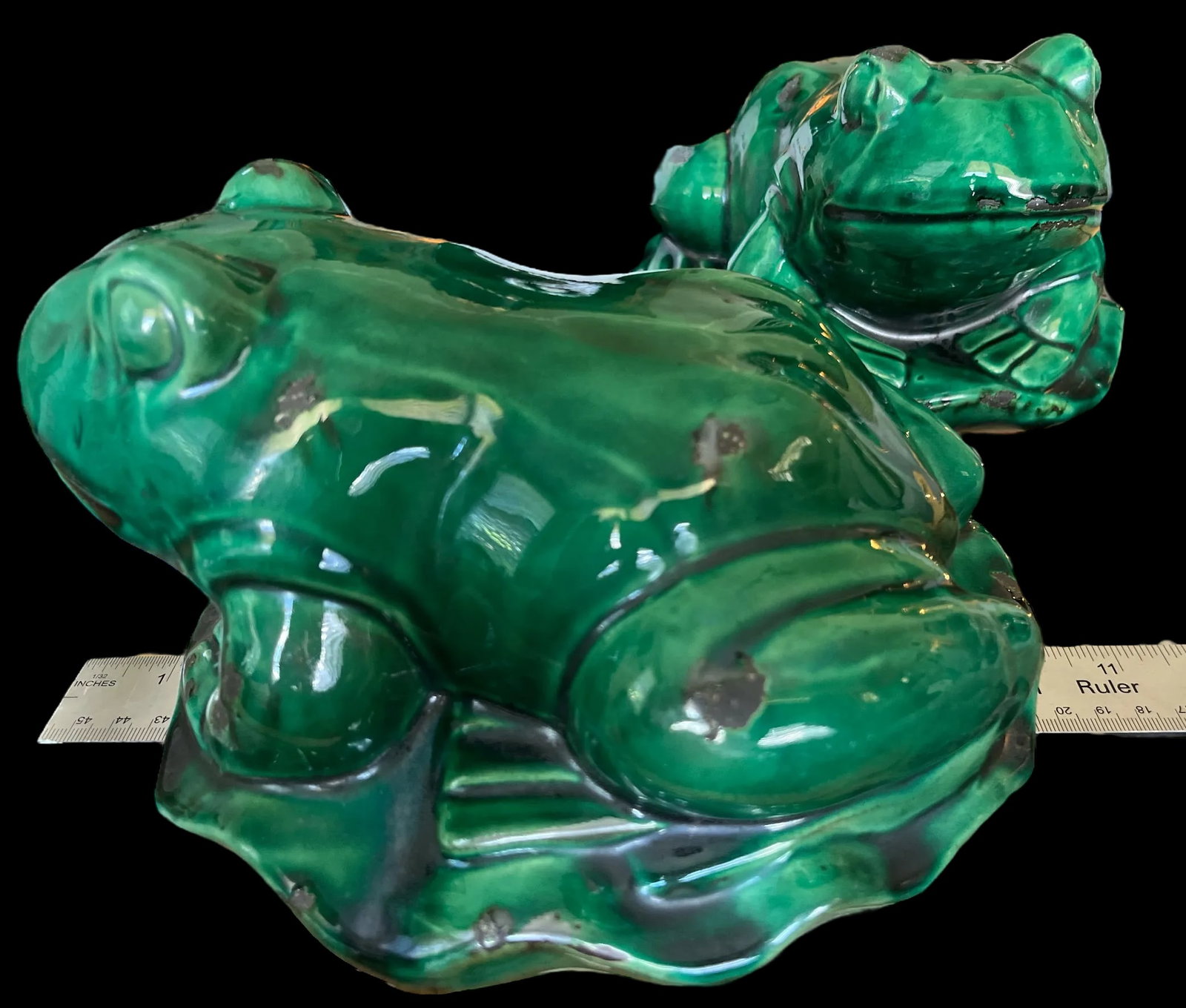 Vintage Glazed Green Ceramic Frogs on Lily Pad Bases Figural Statues - A Pair - 7