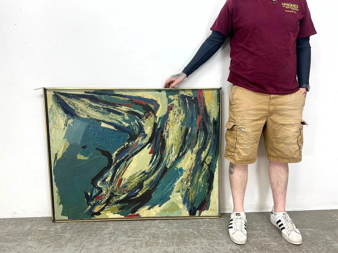 Vintage MCM Large 47" Blue Abstract Modern Painting Signed Harris - 12