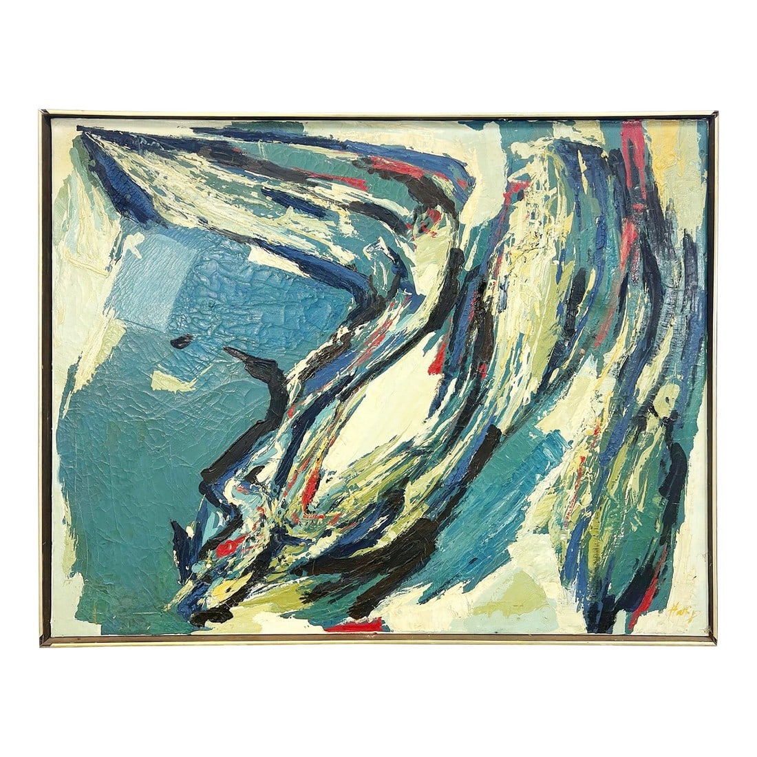 Vintage MCM Large 47" Blue Abstract Modern Painting Signed Harris: Vintage Mid Century Modern large signed Harris Blue Abstract Modern Painting on Canvas. Artist unknown. Please note that there is age cracking to paint, but the artwork is stable. Dimensions: 36.5" H
