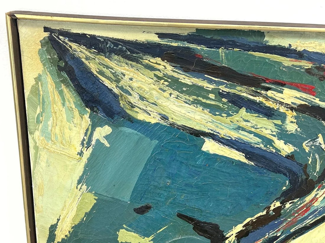 Vintage MCM Large 47" Blue Abstract Modern Painting Signed Harris - 3