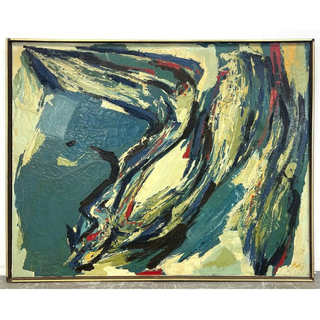 Vintage MCM Large 47" Blue Abstract Modern Painting Signed Harris - 4