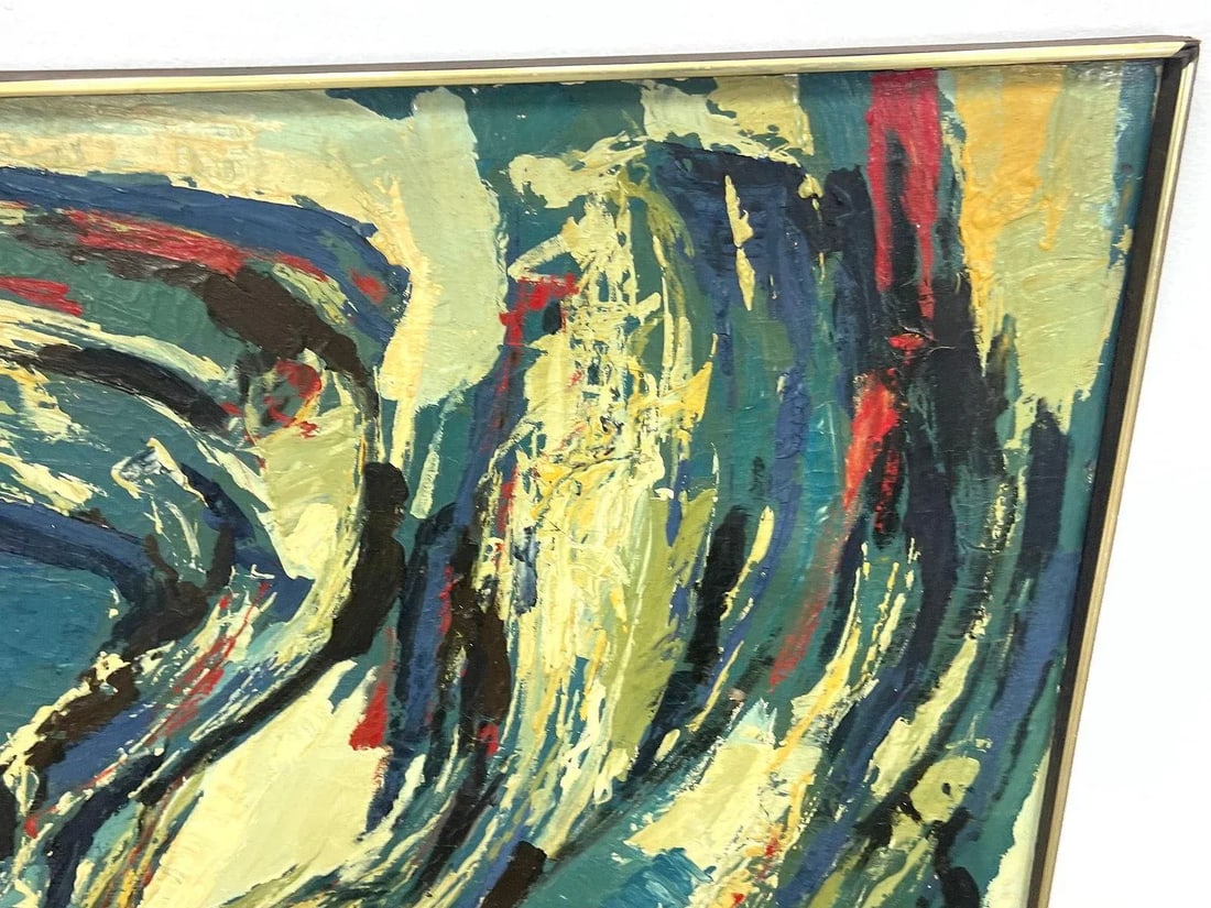 Vintage MCM Large 47" Blue Abstract Modern Painting Signed Harris - 5