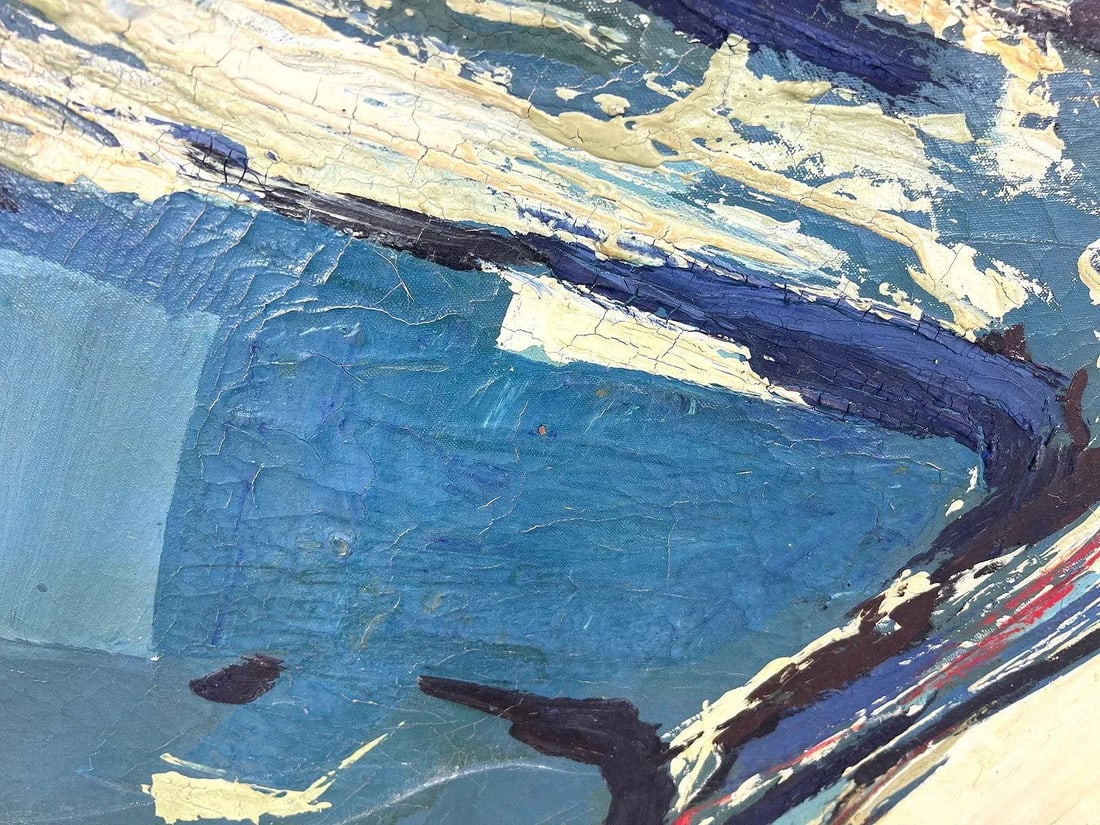 Vintage MCM Large 47" Blue Abstract Modern Painting Signed Harris - 6