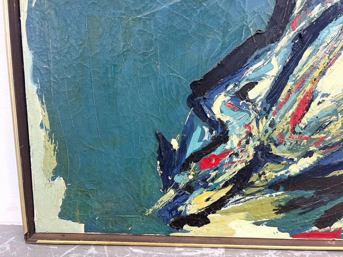 Vintage MCM Large 47" Blue Abstract Modern Painting Signed Harris - 7