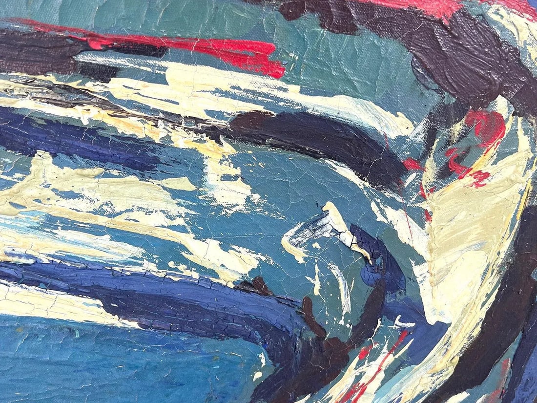 Vintage MCM Large 47" Blue Abstract Modern Painting Signed Harris - 9
