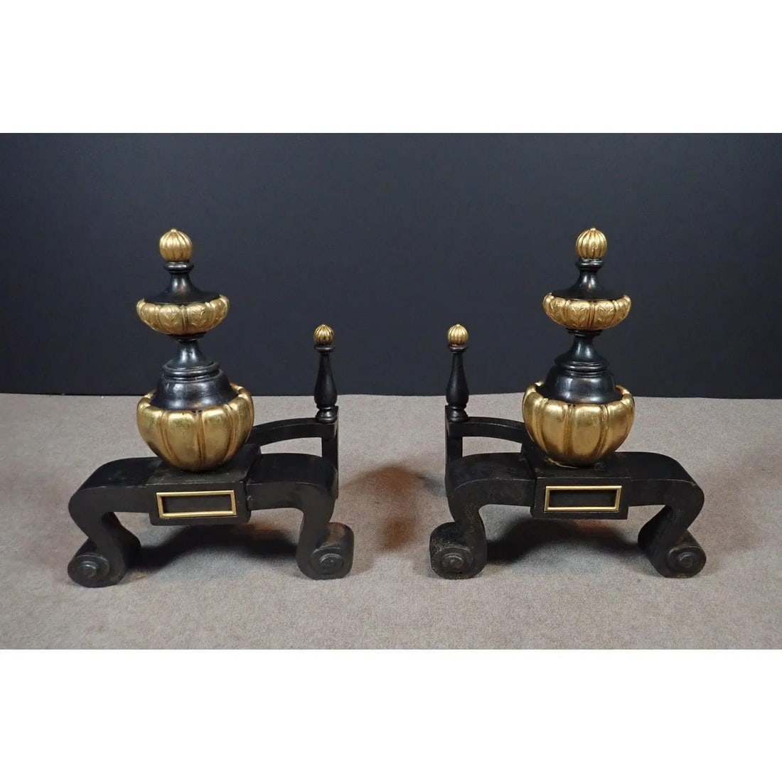 Pair of 19th-Century French Neoclassical Black and Gilt Chenets / Andirons - 2