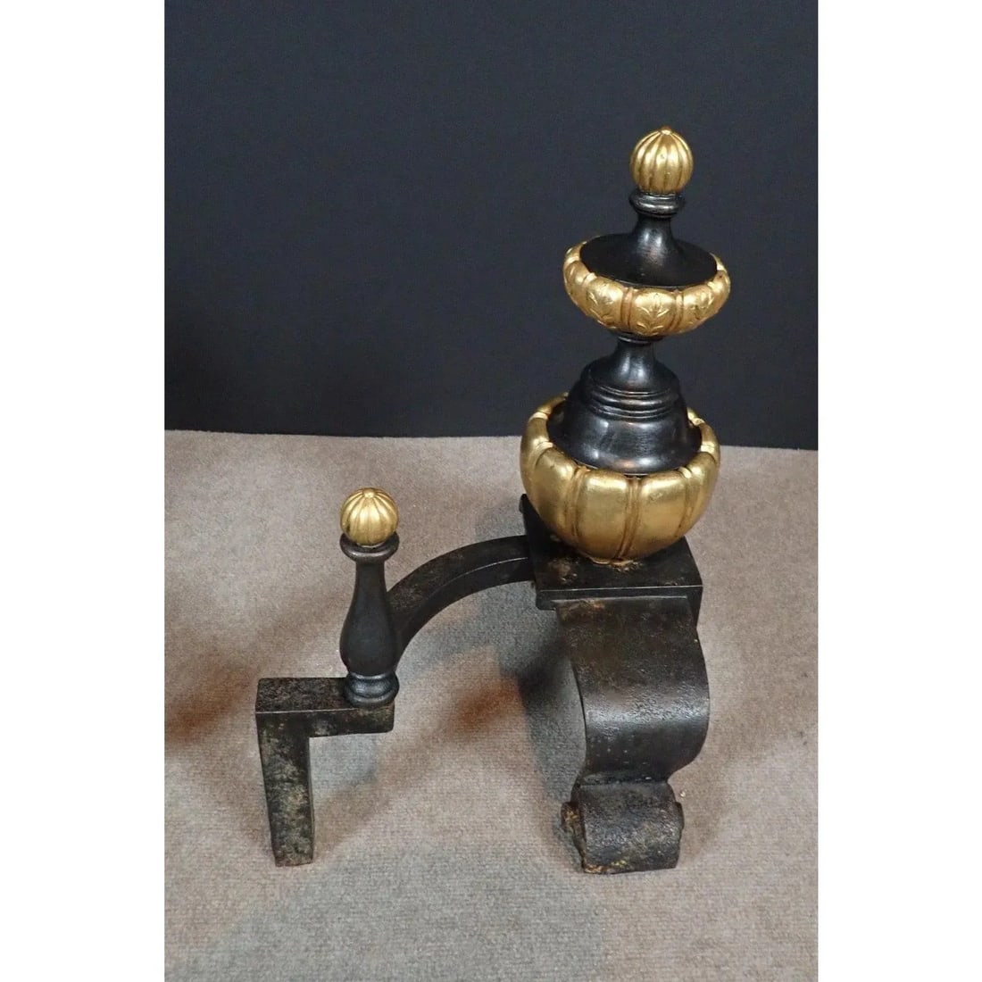 Pair of 19th-Century French Neoclassical Black and Gilt Chenets / Andirons - 5