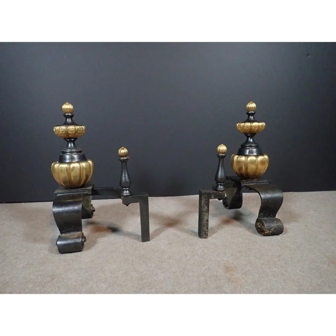 Pair of 19th-Century French Neoclassical Black and Gilt Chenets / Andirons - 6