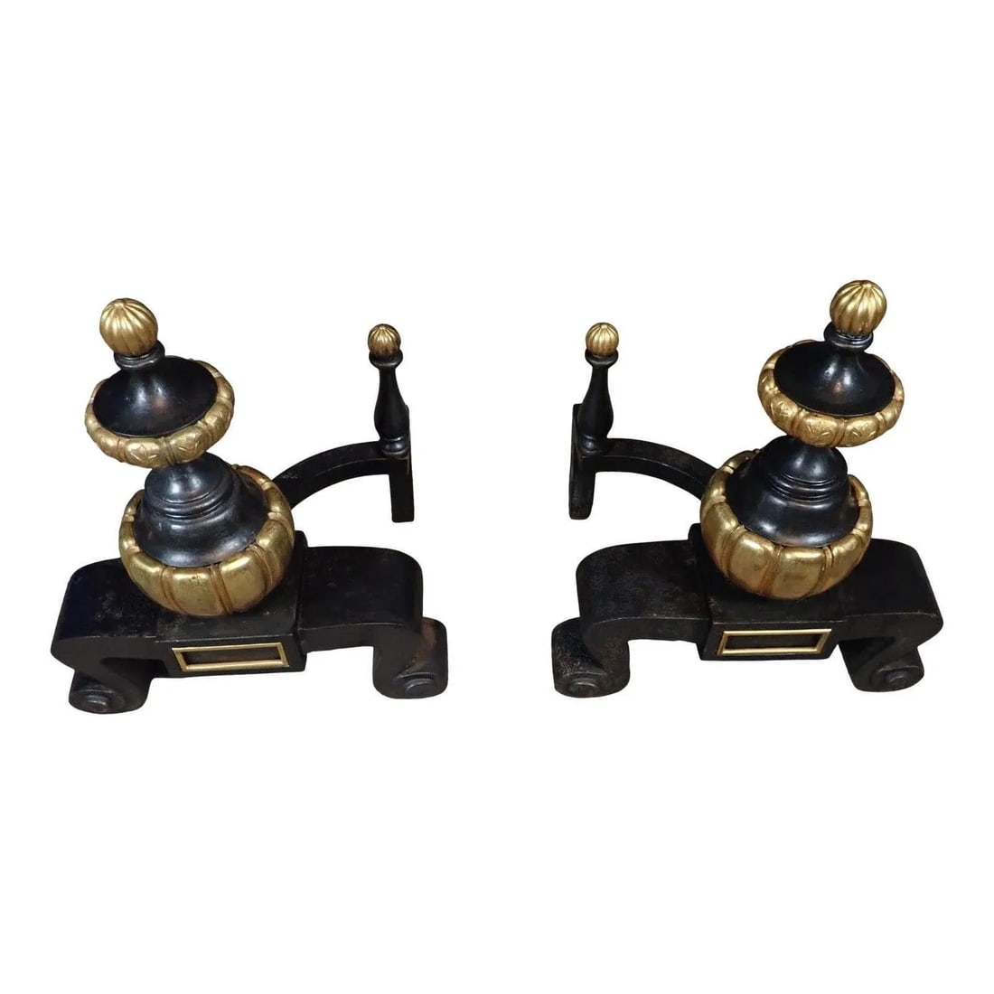 Pair of 19th-Century French Neoclassical Black and Gilt Chenets / Andirons - 9