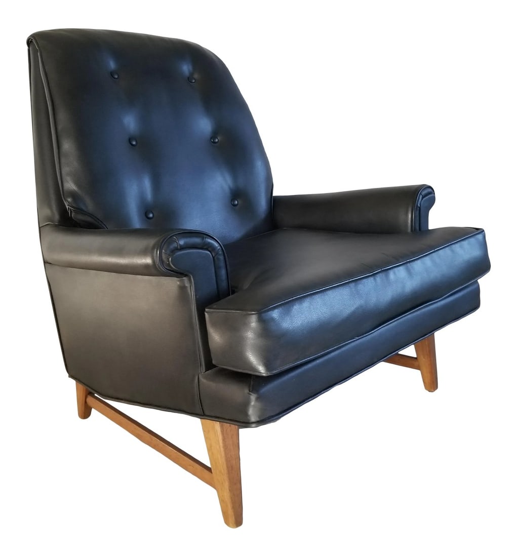 1950s Heritage Faux Leather Mahogany Lounge Chair: AMBIANIC presents Handsome Heritage Black Faux Leather Tufted Lounge Chair Edward Wormley for Dunbar Furniture Era classic 1950s Faux leather that really looks like leather. Comfort and good looks