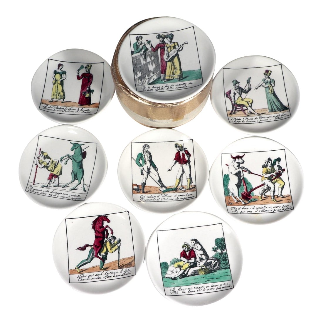 Piero Fornasetti Complete Set of Eight Ceramic Coasters, Il Mondo Alla Rovecia Pattern, ("The Tops: Satirical Scenes: Fornasetti's Il Mondo Alla Rovecia Coasters (c. 1950s–1960s) This is a complete, whimsical set of eight ceramic coasters by Piero Fornasetti, featuring the rarely seen "Il Mond