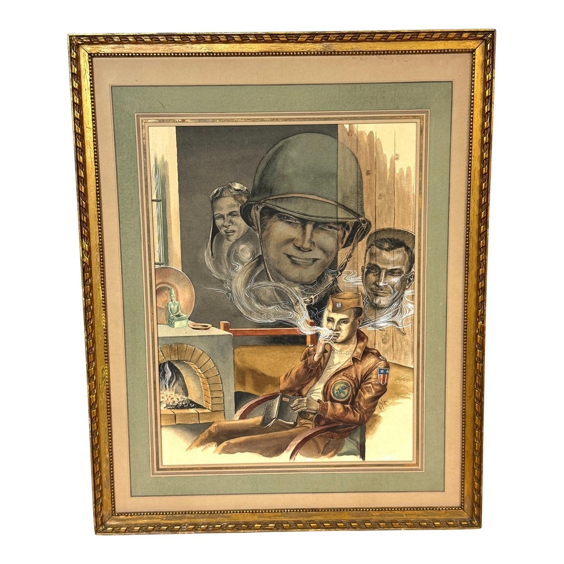 WWII Private Theater: Gay American Soldier in Reflection: WWII, how are you? Private Theater: Gay American Soldier in Reflection, Original WWII-Era Gouache, Signed CSG A highly nuanced, emotionally layered, and visually accomplished original painting in goua