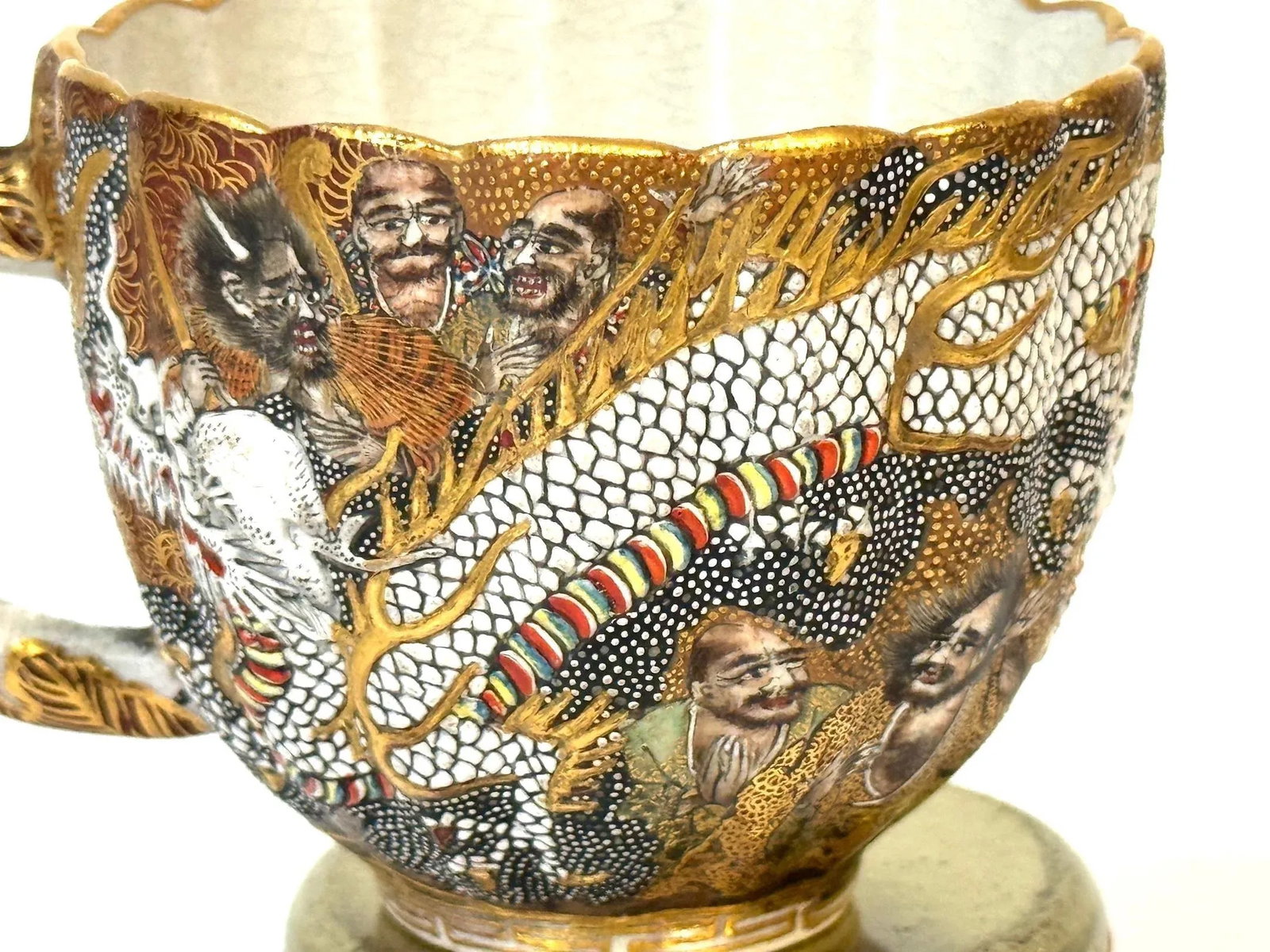 Meiji Satsuma Dragons & Immortals Cup & Saucer by Kitagawa-zÅ, Signed Dai Nippon - 12