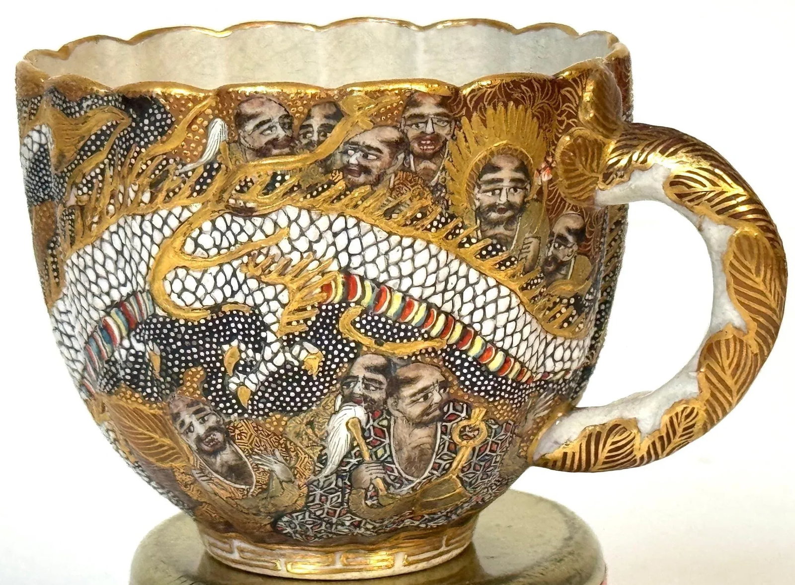 Meiji Satsuma Dragons & Immortals Cup & Saucer by Kitagawa-zÅ, Signed Dai Nippon - 3