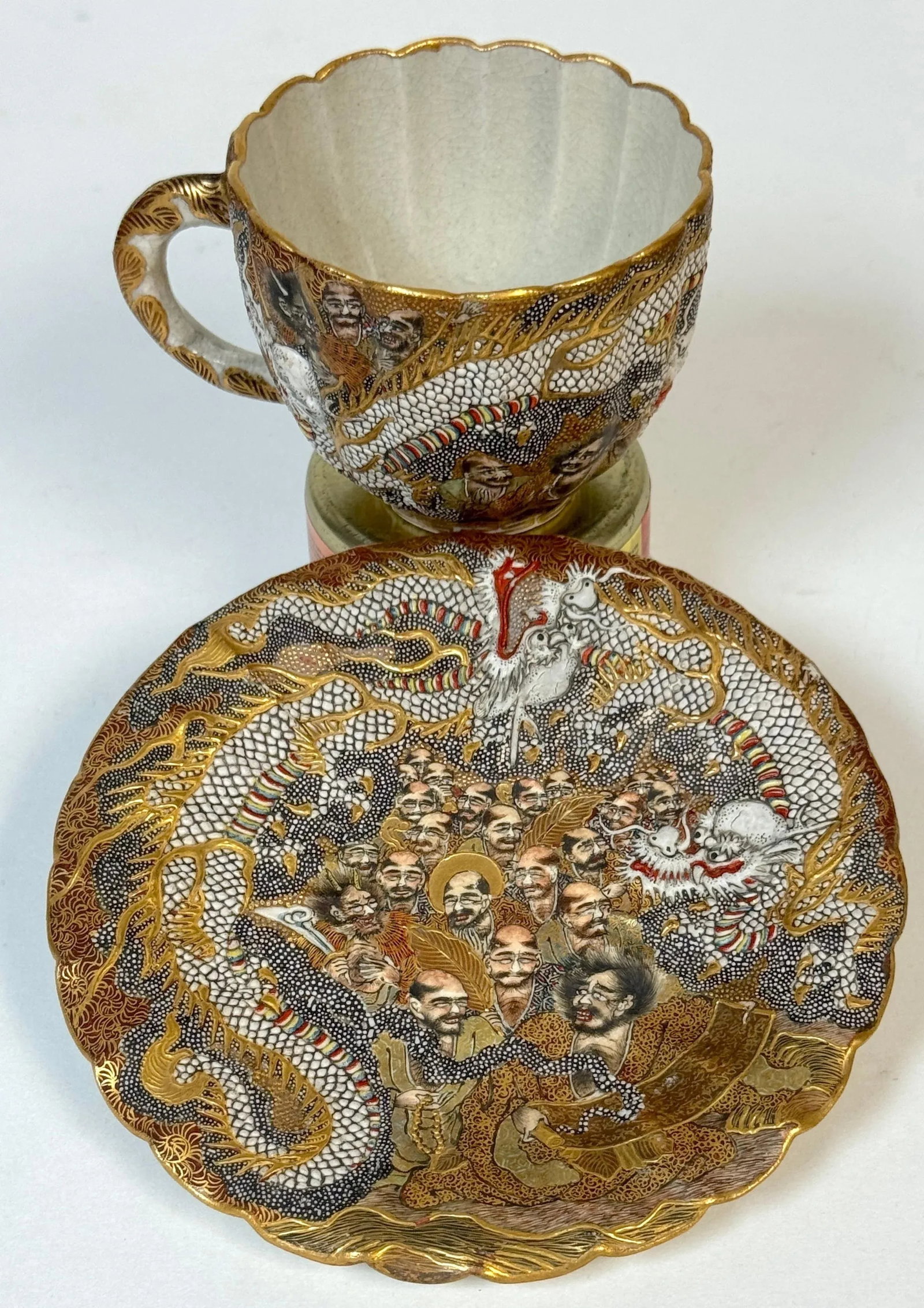 Meiji Satsuma Dragons & Immortals Cup & Saucer by Kitagawa-zÅ, Signed Dai Nippon - 5