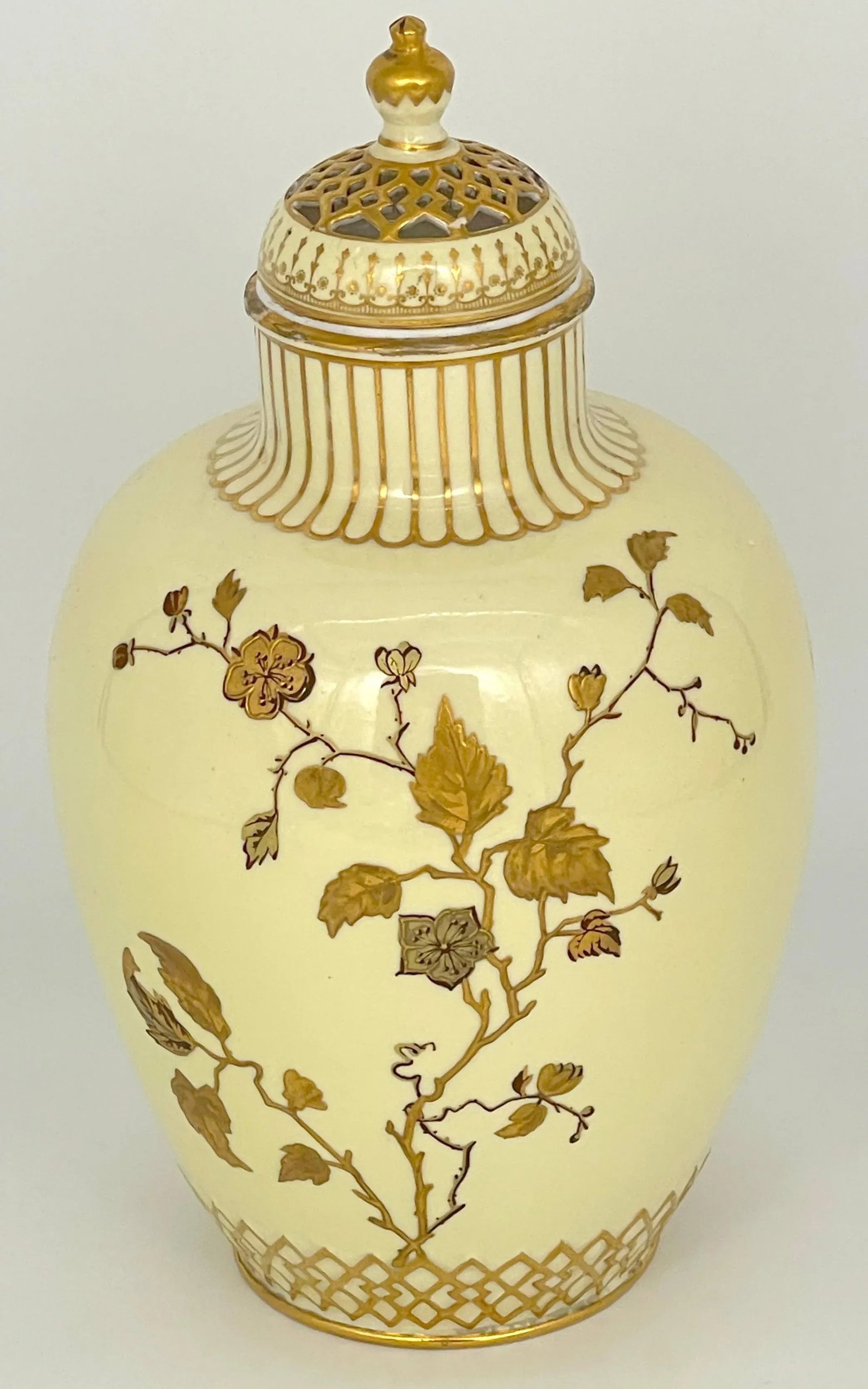 Royal Crown Derby Aesthetic Movement Gilt Potpourri Vase with Pierced Lid, 1892 - 5