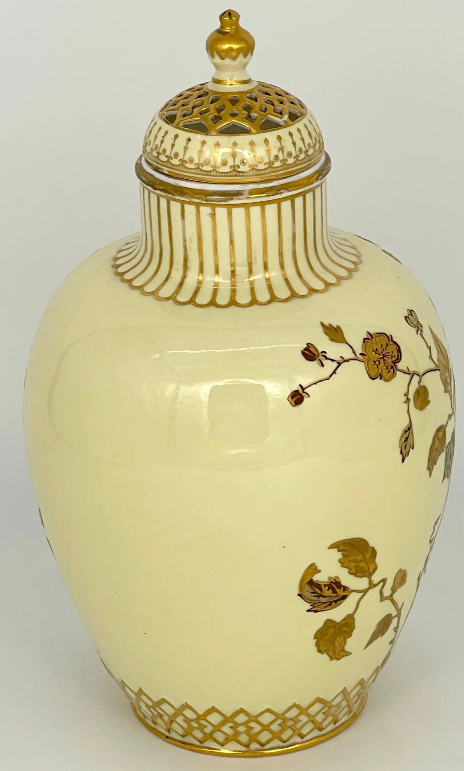 Royal Crown Derby Aesthetic Movement Gilt Potpourri Vase with Pierced Lid, 1892 - 8