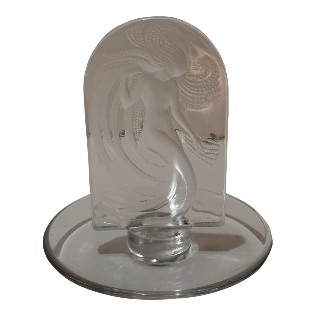 Late 19th Century Lalique France Frosted Crystal Water Nymph Figurine – Small Signed Sculpture: Lalique France Frosted Crystal Water Nymph Figurine Small Signed Sculpture Description: Elegant Lalique France frosted crystal figurine depicting a water nymph. This small signed sculpture reflects th