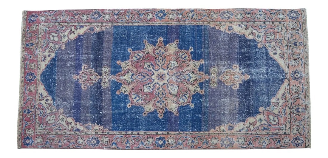 Distressed Area Rug Hand Knotted Muted Color Oushak Medallion Rug - 3'7'' X 7'5'': This is a beautiful vintage hand knotted distressed finish Rug from Turkey. It has primary colors rose and tan on a moderate strong cyan-blue field. This rug would be an easy to work with in just
