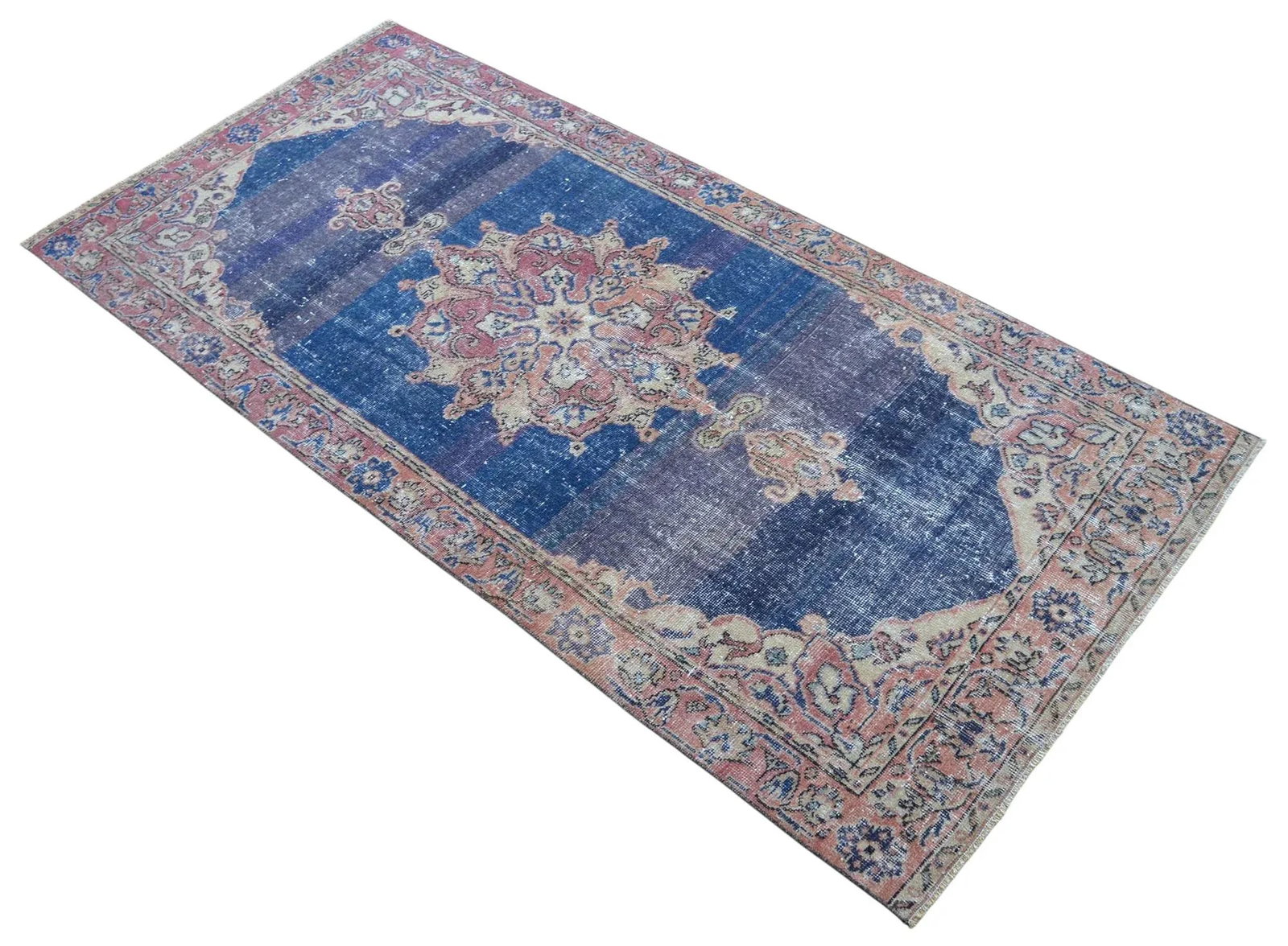 Distressed Area Rug Hand Knotted Muted Color Oushak Medallion Rug - 3'7'' X 7'5'' - 2