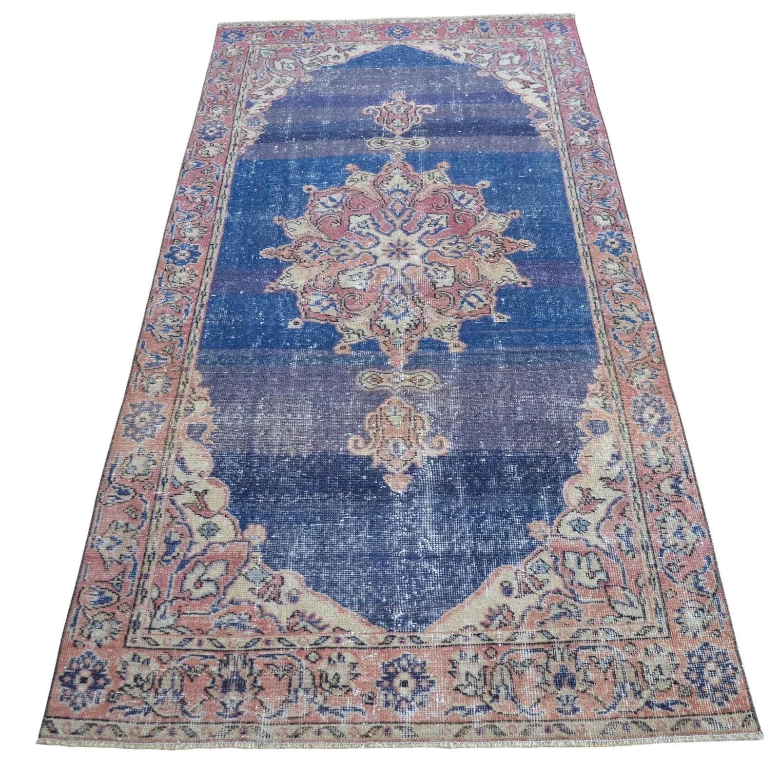 Distressed Area Rug Hand Knotted Muted Color Oushak Medallion Rug - 3'7'' X 7'5'' - 3
