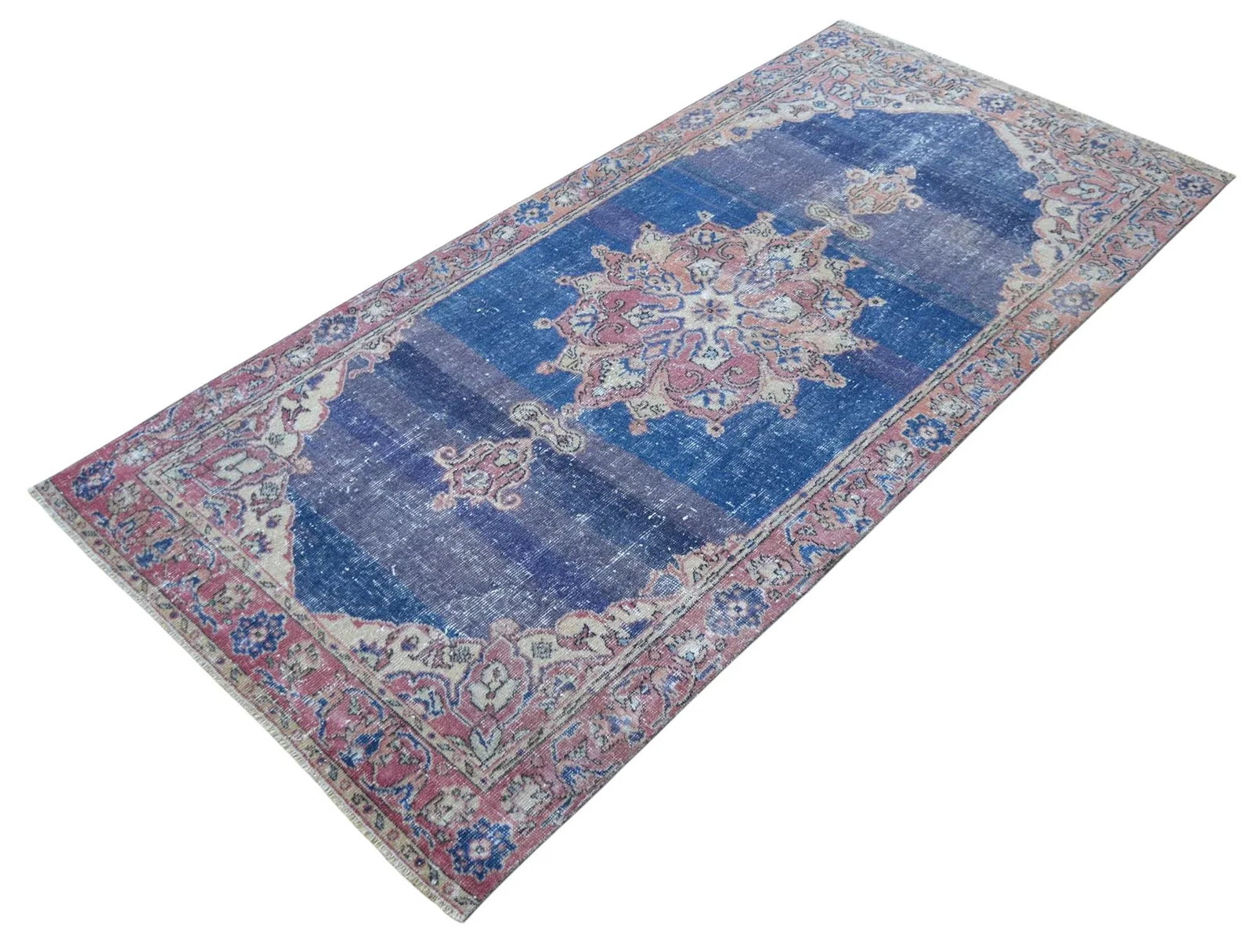 Distressed Area Rug Hand Knotted Muted Color Oushak Medallion Rug - 3'7'' X 7'5'' - 4