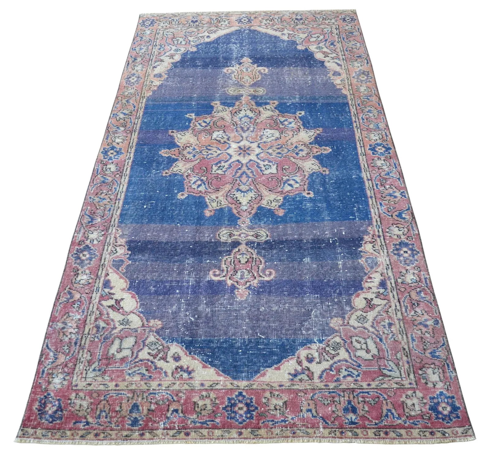 Distressed Area Rug Hand Knotted Muted Color Oushak Medallion Rug - 3'7'' X 7'5'' - 5
