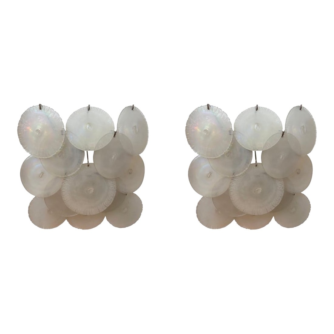 1960s Pair of Opalescent Murano Glass Sconces by Vistosi: Pair Of Opalescent Murano Gass Sconces By Vistosi. Offered is a fantastic pair of opalescent circular Murano glass sconces by the renowned glass designer Gino Vistosi for Vistosi Murano from the