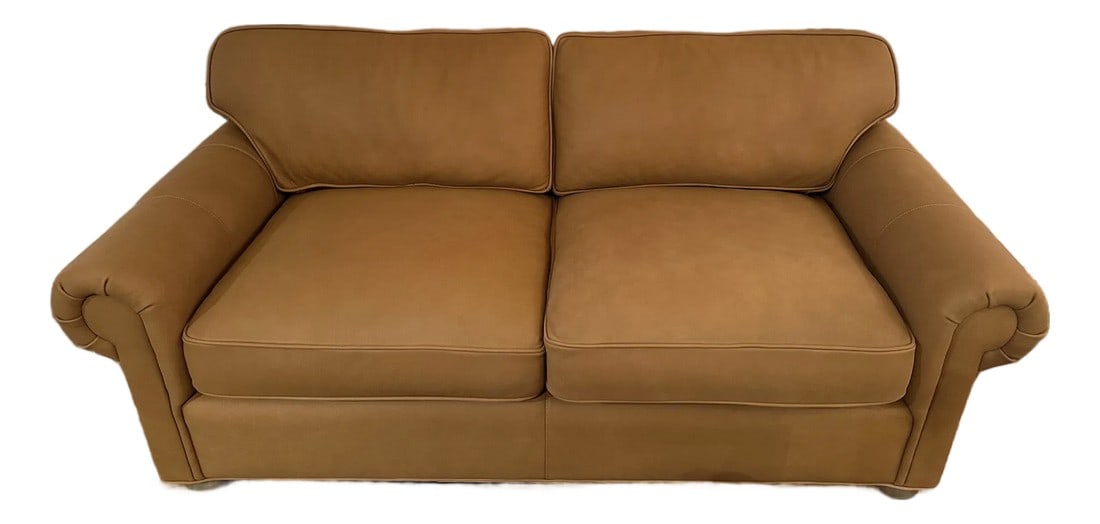 Restoration Hardware Leather: Like new stunning Restoration Hardware Lancaster camel Cavalino luxe leather sofa having down fill, two seat cushions and two back cushions, super plush and comfortable. Barely used. Condition: Altera