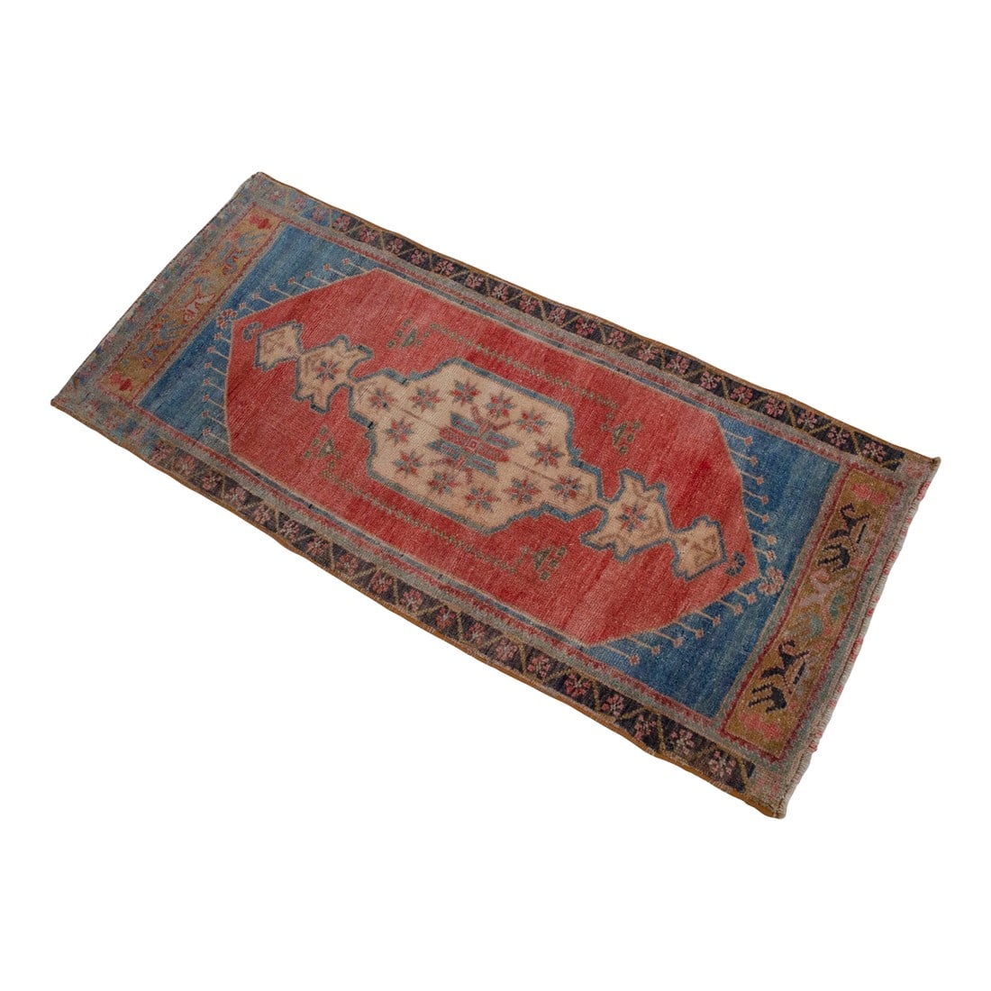 Hand Knotted Door Mat, Entryway Rug, Bath Mat, Kitchen Decor, Small Rug, Turkish Rug - 1"²: This vintage Oushak mat exudes a lived-in elegance with its sun-faded Aegean blue and soft terracotta tones. It's a perfect textural accent that brings a soulful, artisanal touch to smaller utility