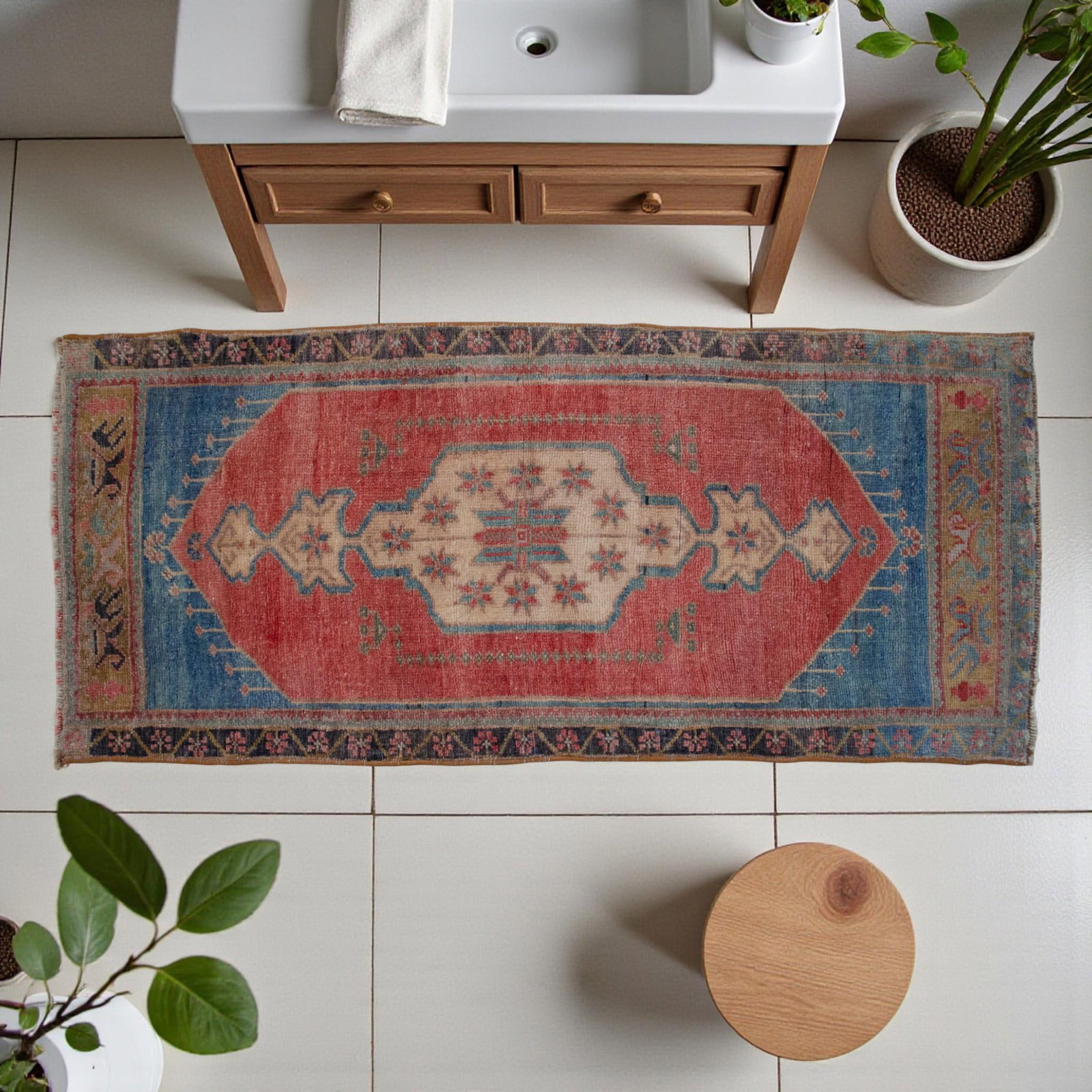 Hand Knotted Door Mat, Entryway Rug, Bath Mat, Kitchen Decor, Small Rug, Turkish Rug - 1"² - 2