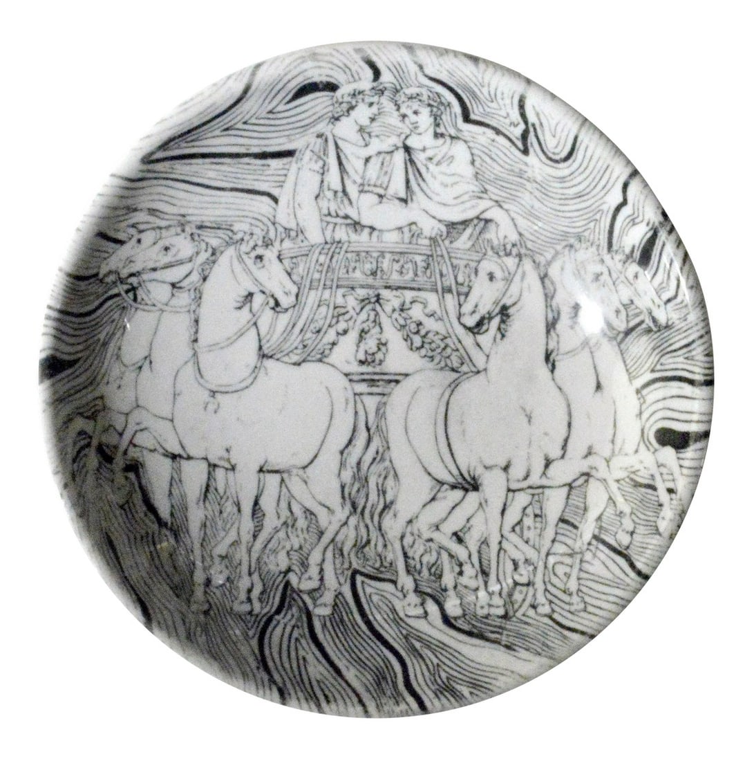Vintage Piero Fornasetti Black & White Ashtray of a Roman Chariot: Classical Speed: Fornasetti's Roman Chariot Ceramic Ashtray Object: Ashtray (or vide-poche) Designer: Piero Fornasetti Origin: Milan, Italy Date: Circa 1950s–1960s Medium: Porcelain, Black and