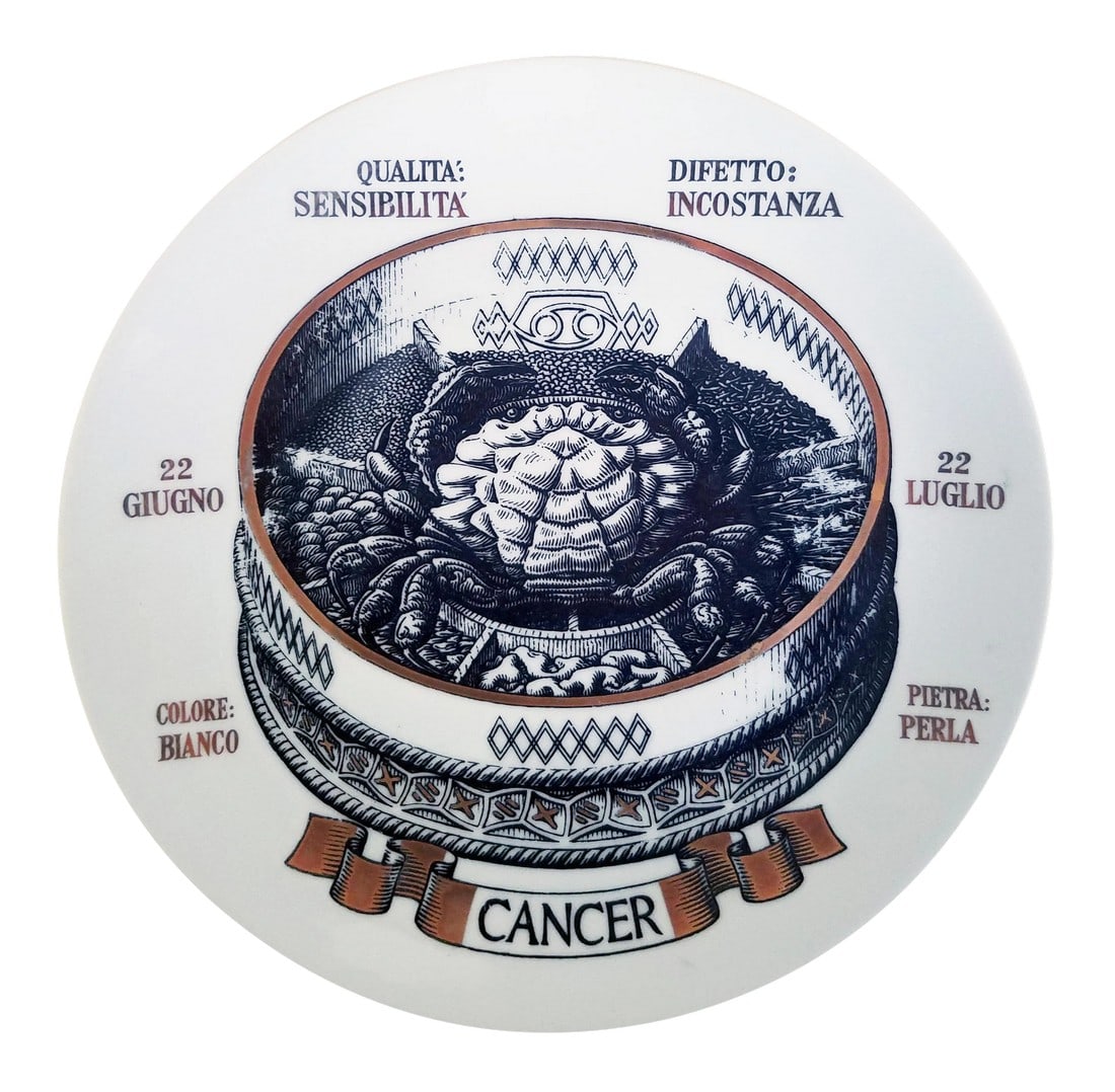 Piero Fornasetti Astrological Zodiac Plate, Cancer, Gli Zodiaci Farmacope: Zodiac of the Apothecary: Fornasetti Plate for Cancer Object: Decorative Plate (No. 8 of the series) Designer: Piero Fornasetti Commission: Crinos S.p.A. (Italian Pharmaceutical Company) Series: Gli Z