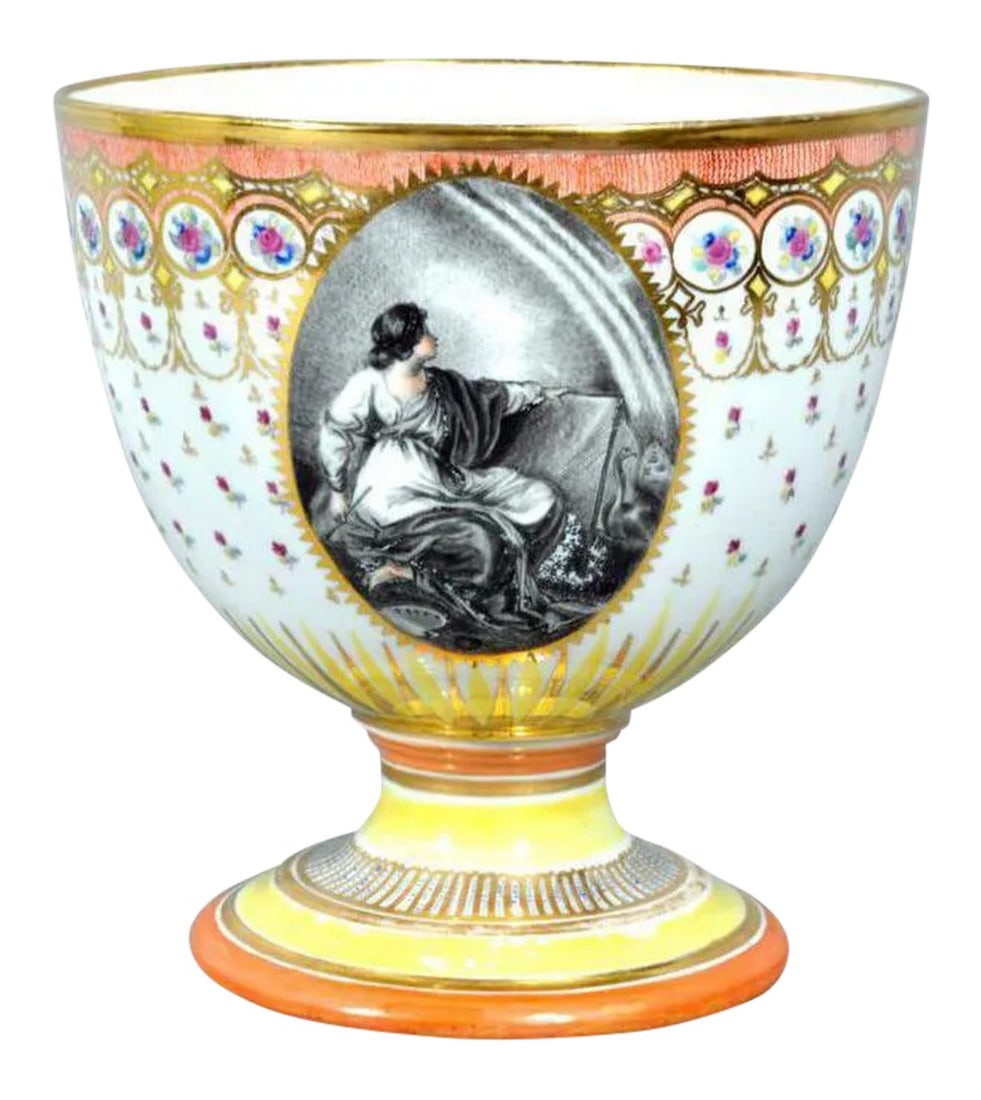 Chamberlain Worcester Porcelain Neoclassical Goblet, Humphrey Chamberlain: A Masterpiece of Porcelain and Painting: The Chamberlain Worcester Goblet, Grisaille Painting by Humphrey Chamberlain, after Angelica Kauffman's "Design" Circa 1800–1815 This magnificent antique