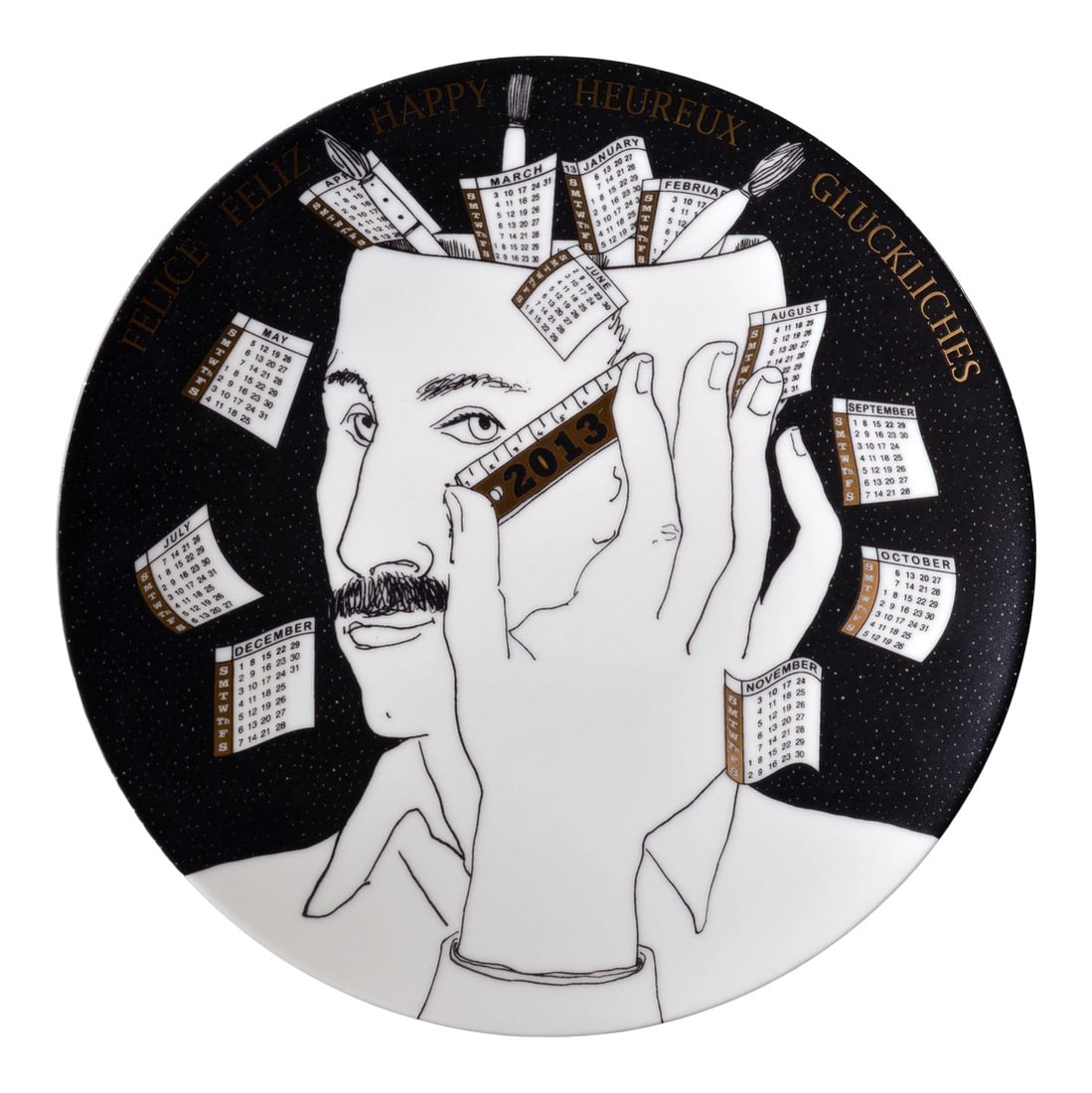 Barnaba Fornasetti Calendar Plate for 2013 With Piero Fornasetti Self Portrait, #518 of 700: Centennial Vision: Fornasetti's 2013 Self-Portrait Calendar Plate Object: Annual Calendar Plate, 2013 Edition Designer/Artist: Piero Fornasetti (1913–1988) Successor/Producer: Barnaba Fornasetti