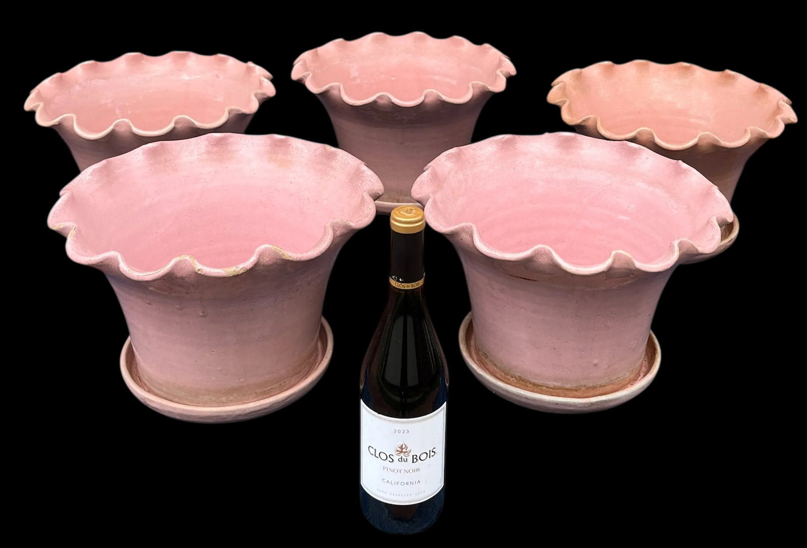 Early 20th Century Large Antique French Hand Thrown Earthenware Scalloped Pink Glazed Planters With - 2