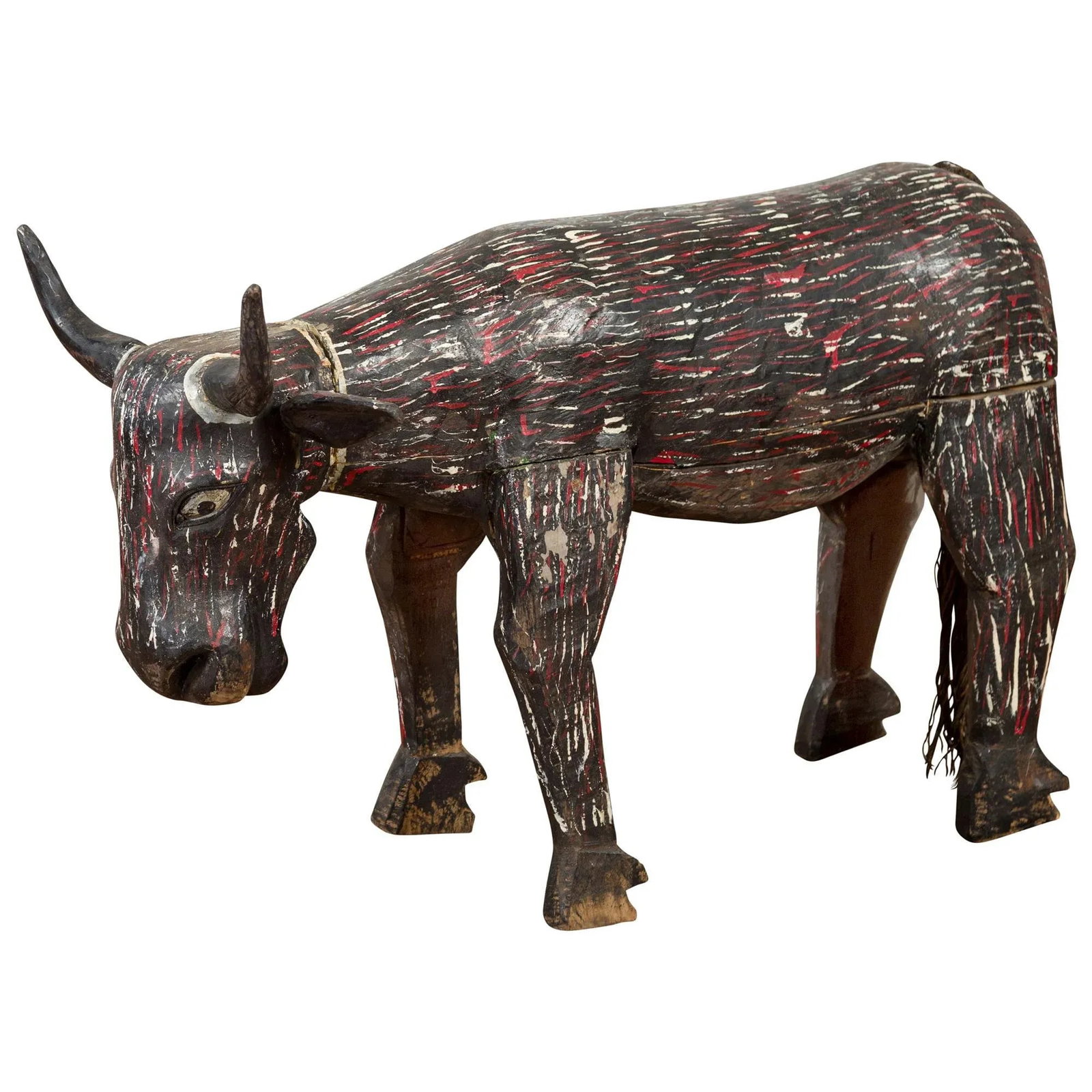 Early 20th Century Indian Hand Painted Wooden Cow with Distressed Patina - 10
