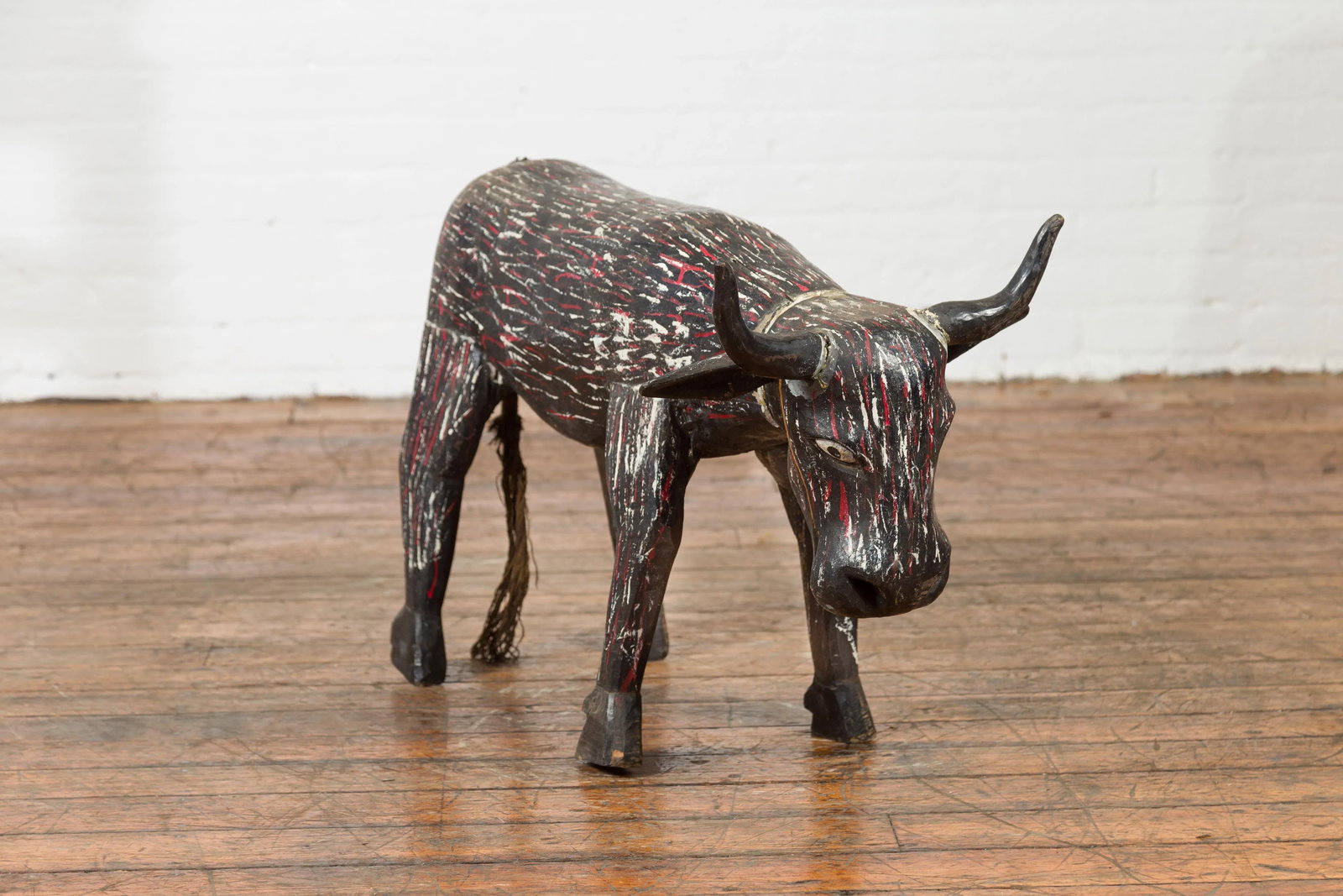 Early 20th Century Indian Hand Painted Wooden Cow with Distressed Patina - 2