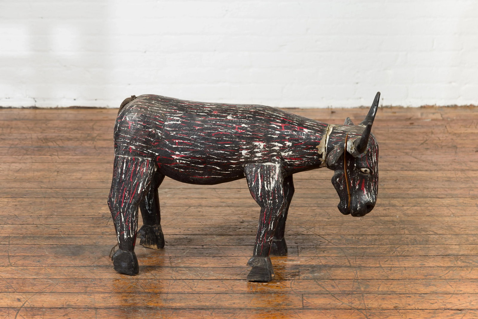 Early 20th Century Indian Hand Painted Wooden Cow with Distressed Patina - 3