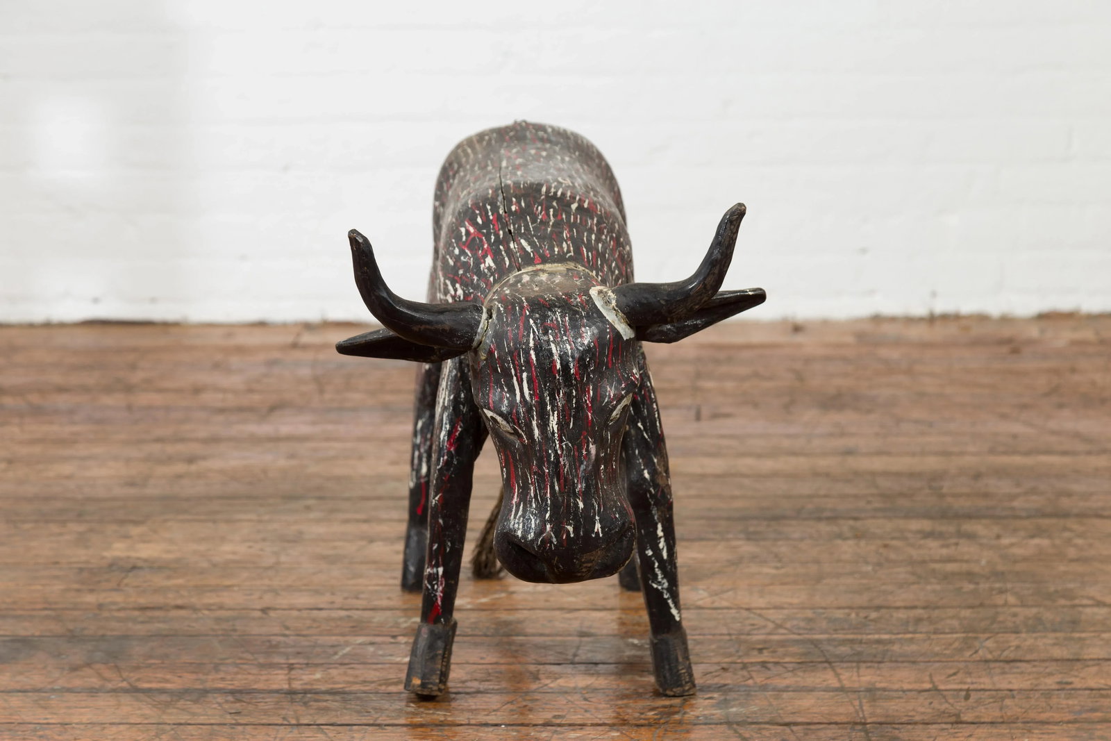 Early 20th Century Indian Hand Painted Wooden Cow with Distressed Patina - 4