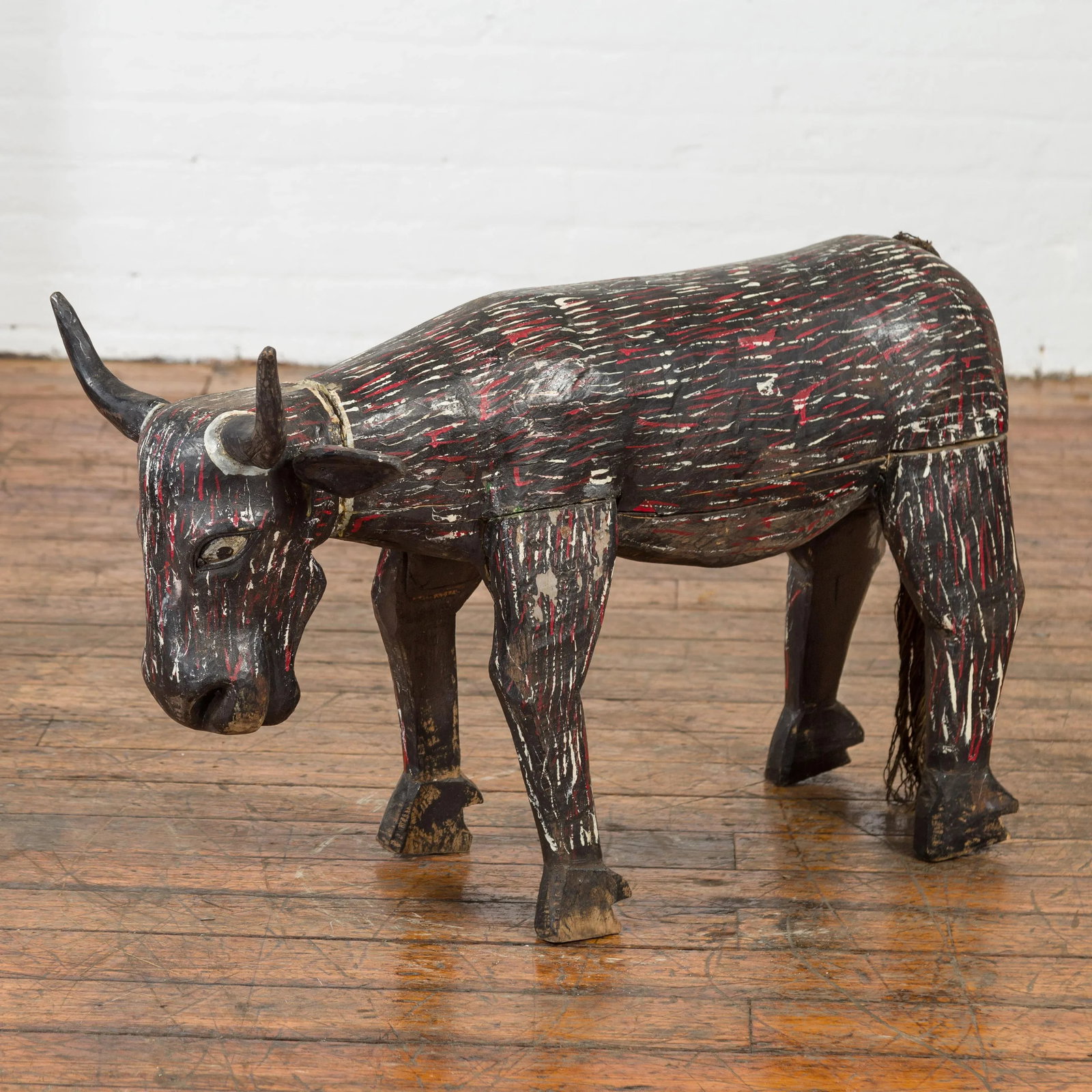 Early 20th Century Indian Hand Painted Wooden Cow with Distressed Patina - 5