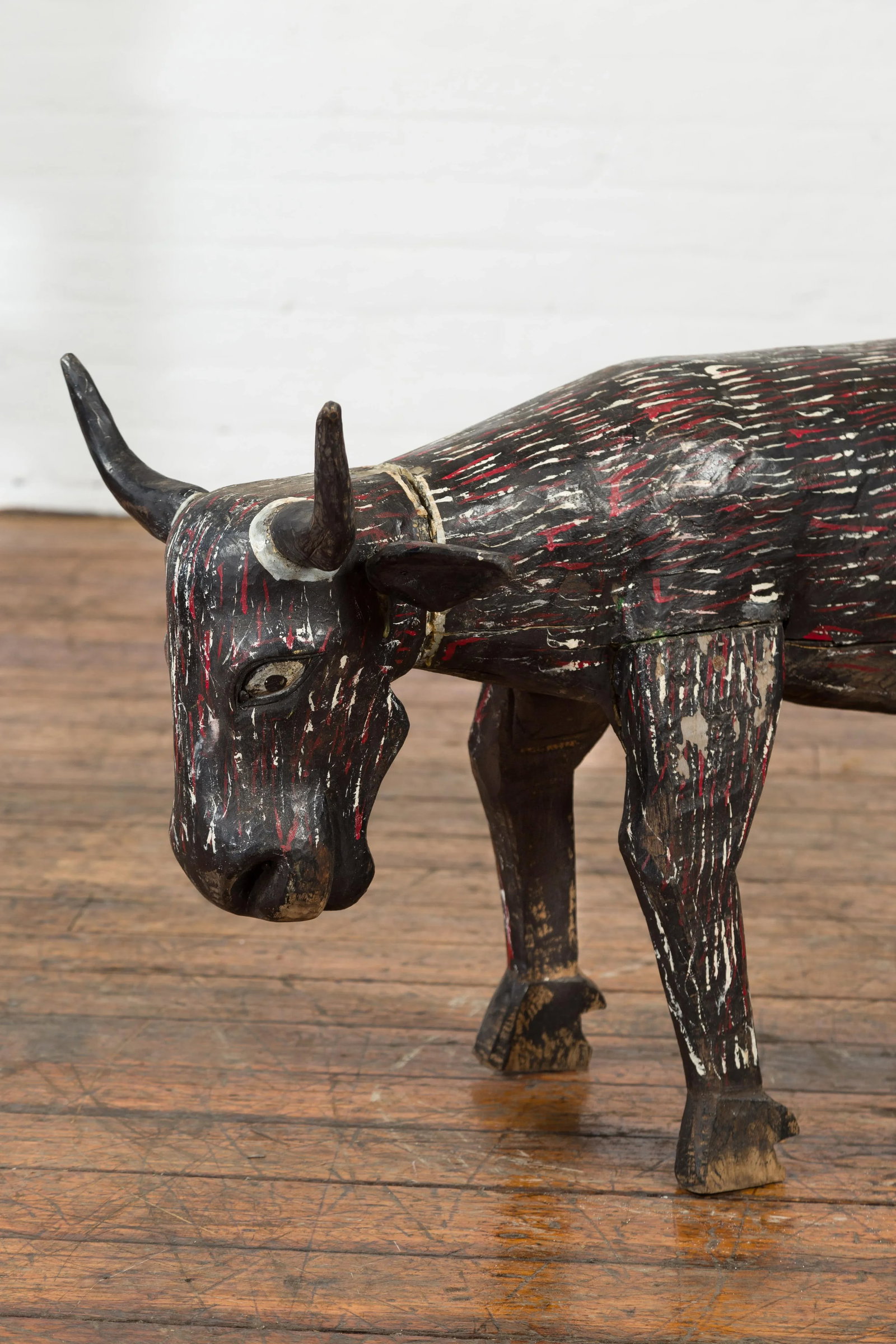 Early 20th Century Indian Hand Painted Wooden Cow with Distressed Patina - 6